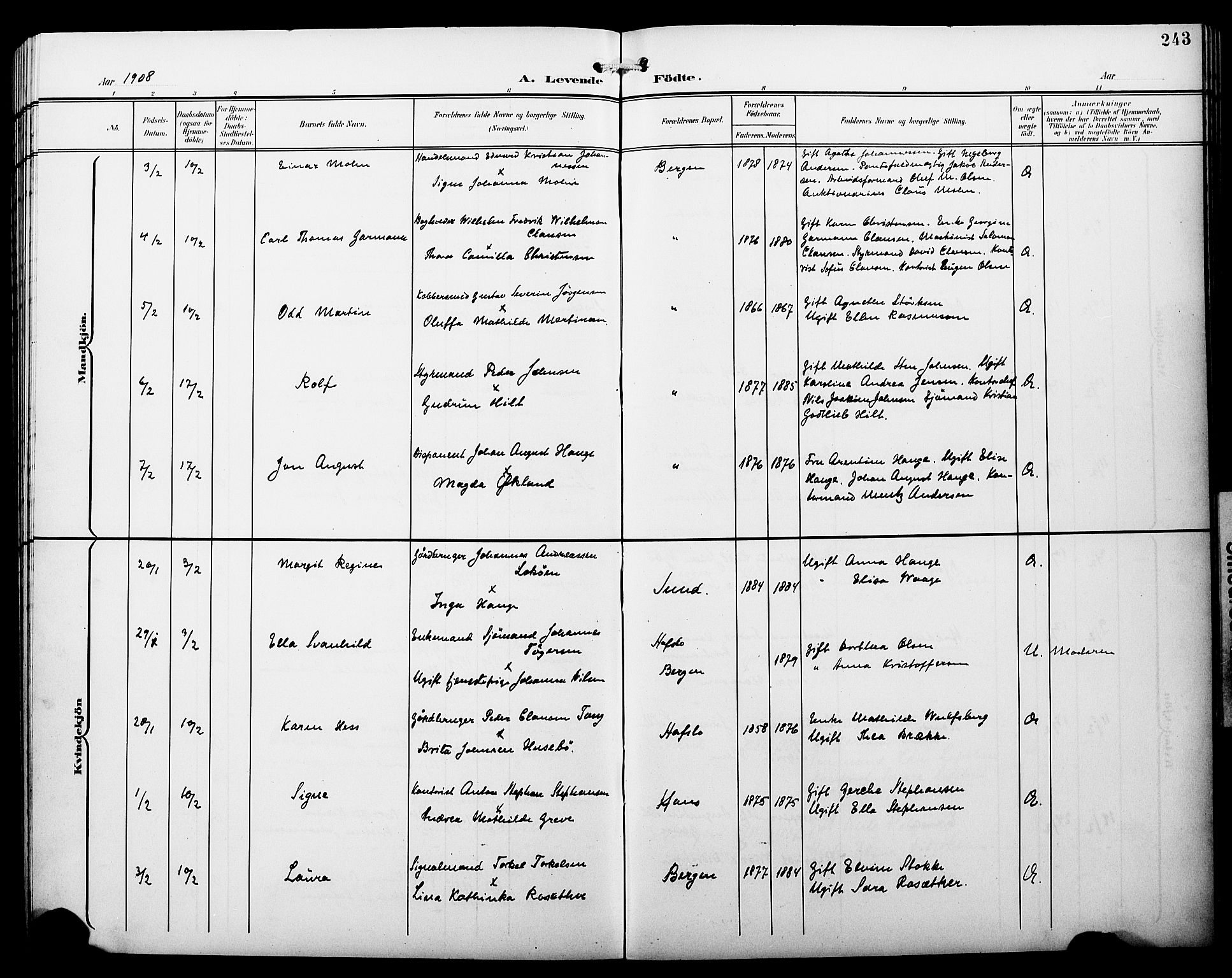 Fødselsstiftelsens sokneprestembete*, SAB/-: Klokkerbok nr. A 1, 1900-1909, s. 243