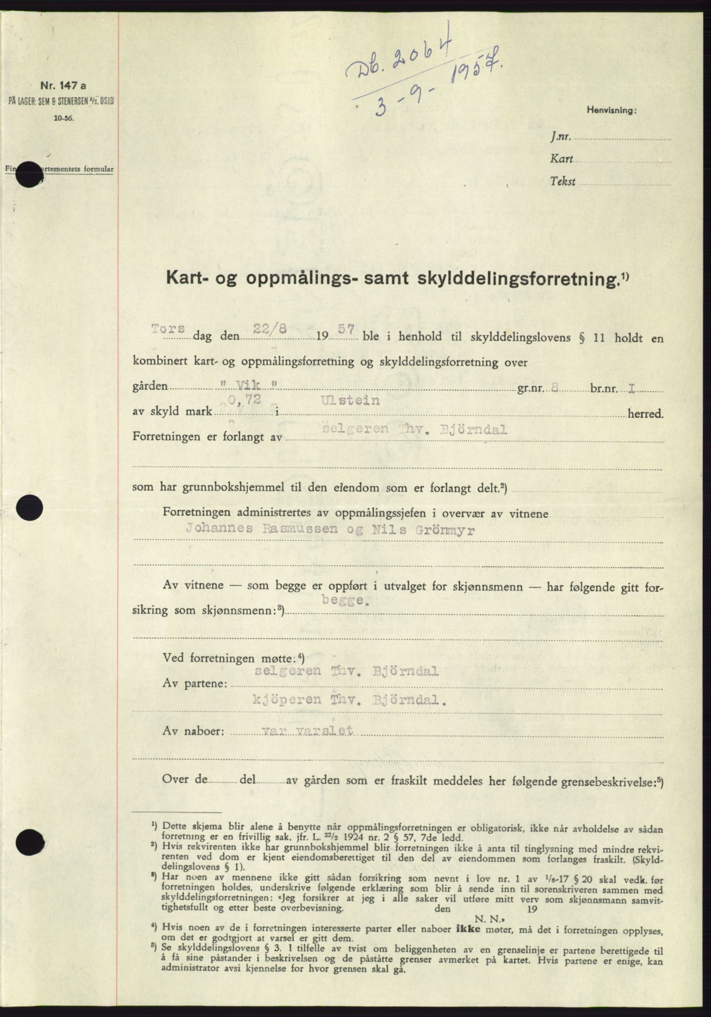 Søre Sunnmøre sorenskriveri, SAT/A-4122/1/2/2C/L0107: Pantebok nr. 33A, 1957-1957, Dagboknr: 2064/1957