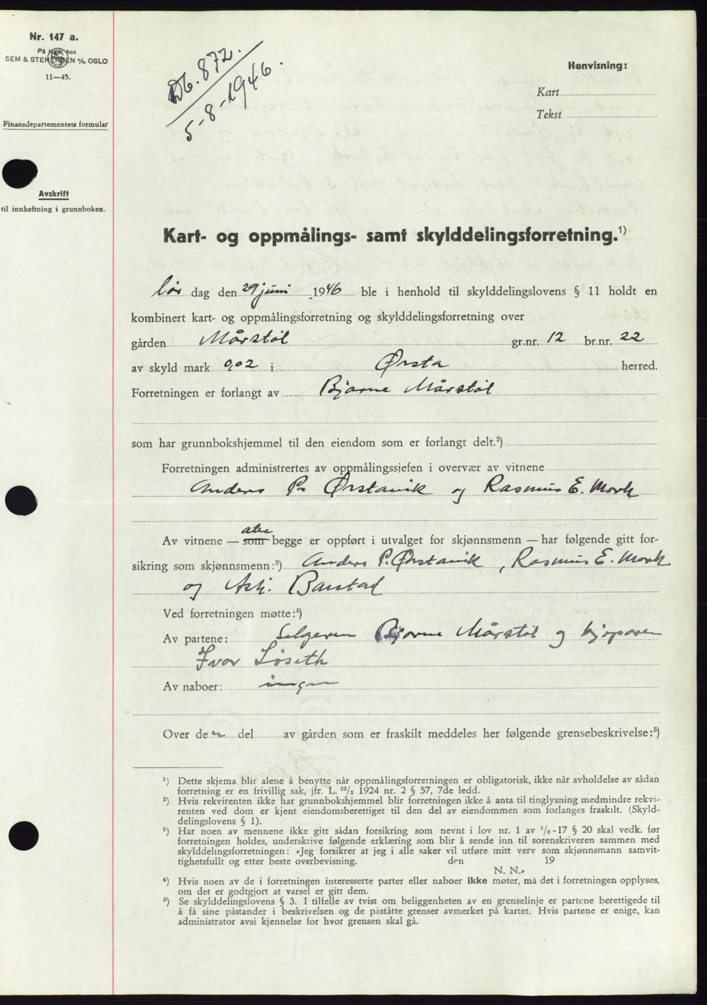 Søre Sunnmøre sorenskriveri, AV/SAT-A-4122/1/2/2C/L0078: Pantebok nr. 4A, 1946-1946, Dagboknr: 872/1946