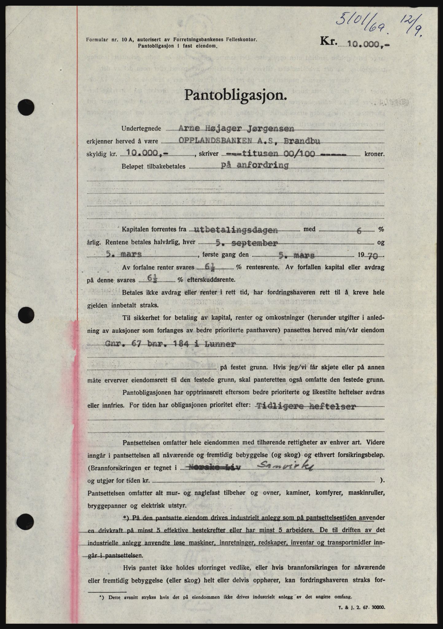 Hadeland og Land tingrett, SAH/TING-010/H/Hb/Hbc/L0074: Pantebok nr. B74, 1969-1969, Dagboknr: 5101/1969