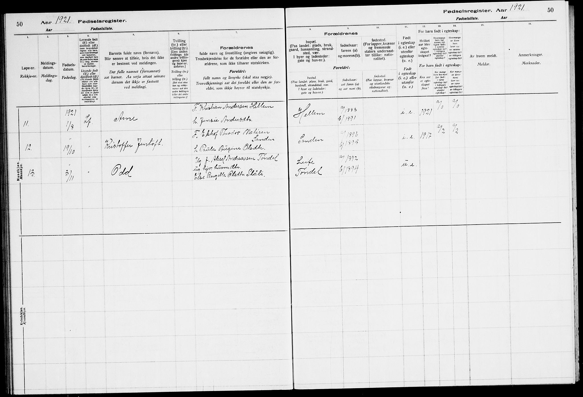 Ministerialprotokoller, klokkerbøker og fødselsregistre - Sør-Trøndelag, SAT/A-1456/651/L0650: Fødselsregister nr. 651.II.4.1, 1916-1923, s. 50