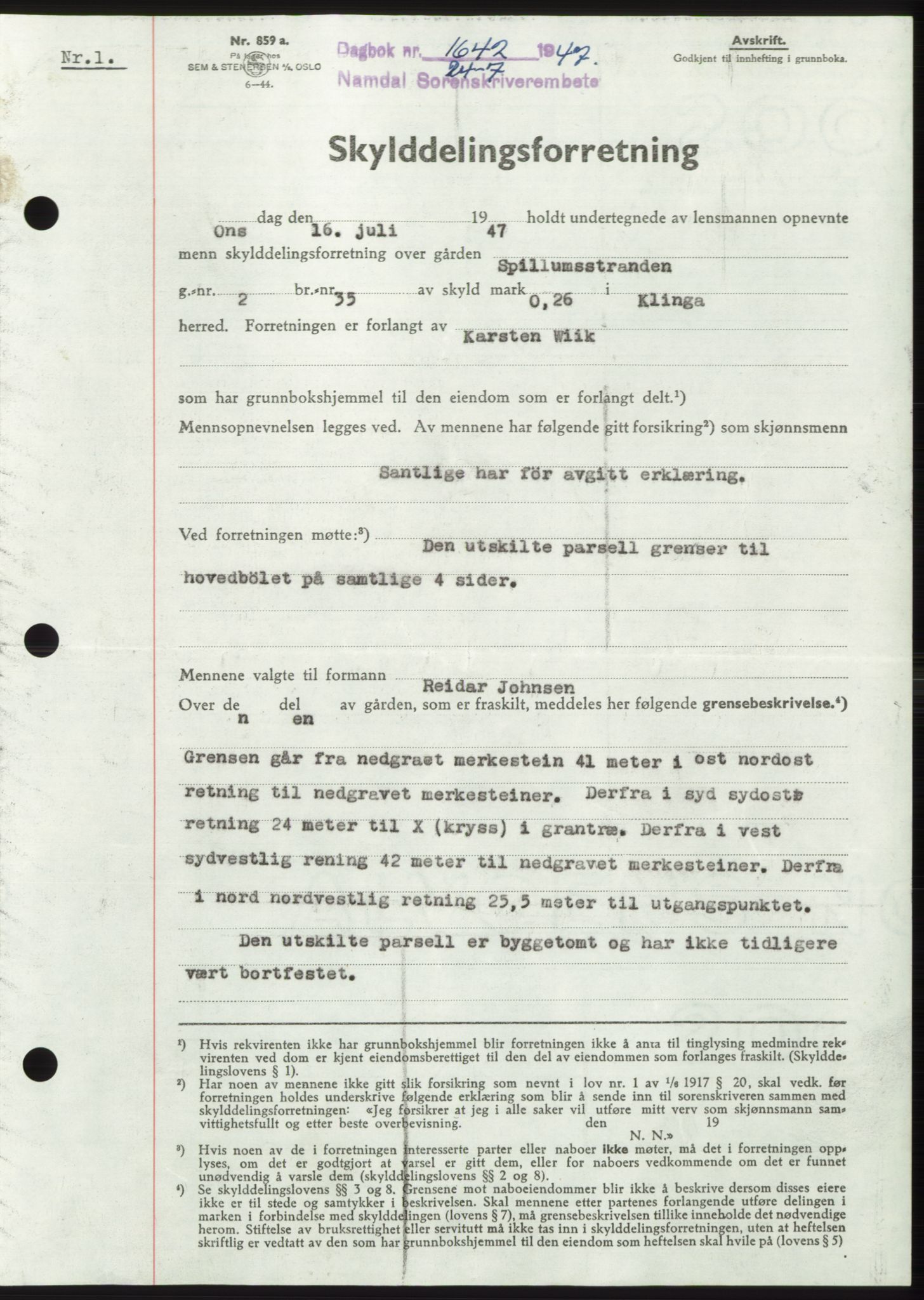 Namdal sorenskriveri, SAT/A-4133/1/2/2C: Pantebok nr. -, 1947-1947, Dagboknr: 1642/1947