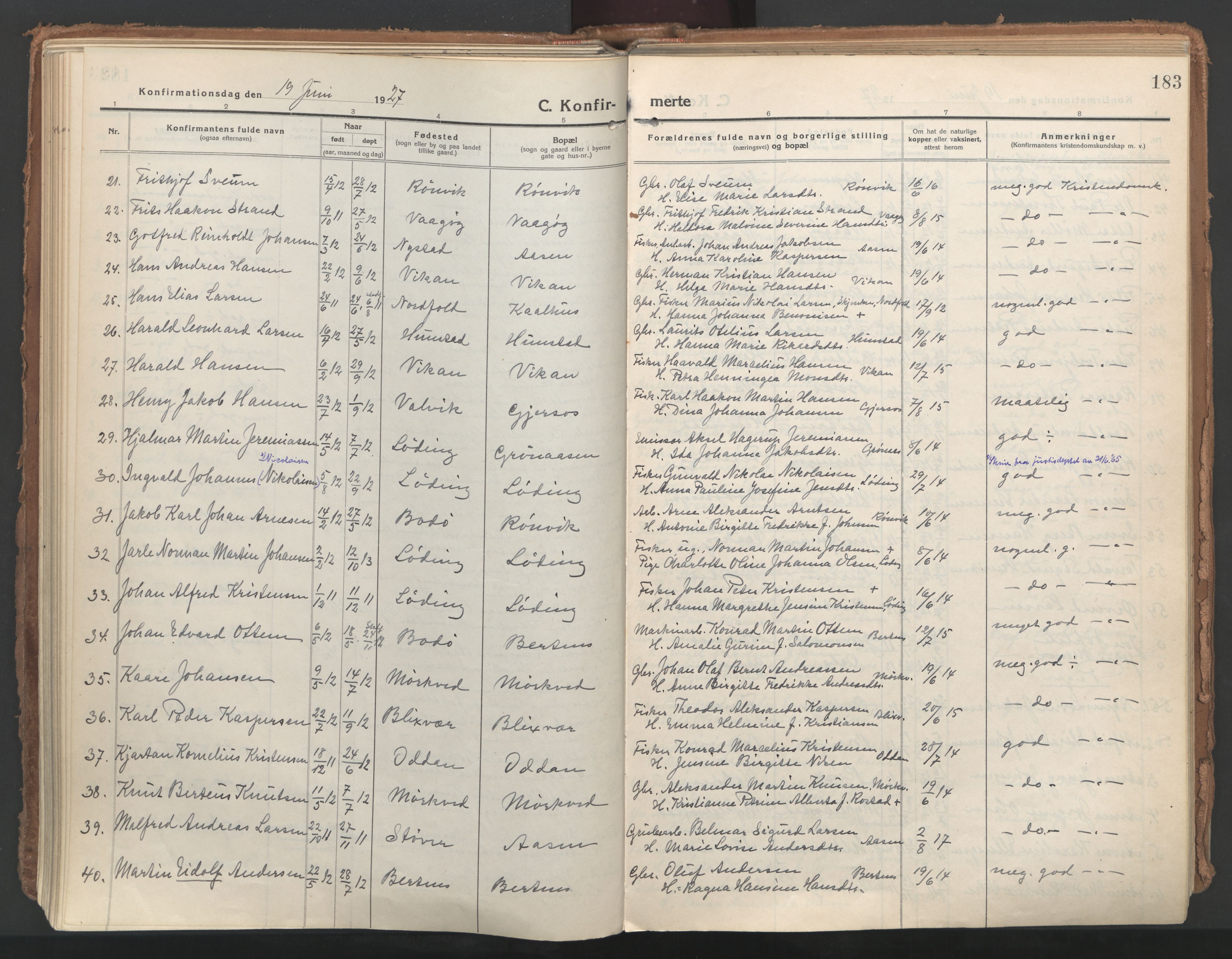 Ministerialprotokoller, klokkerbøker og fødselsregistre - Nordland, AV/SAT-A-1459/802/L0060: Ministerialbok nr. 802A07, 1916-1933, s. 183