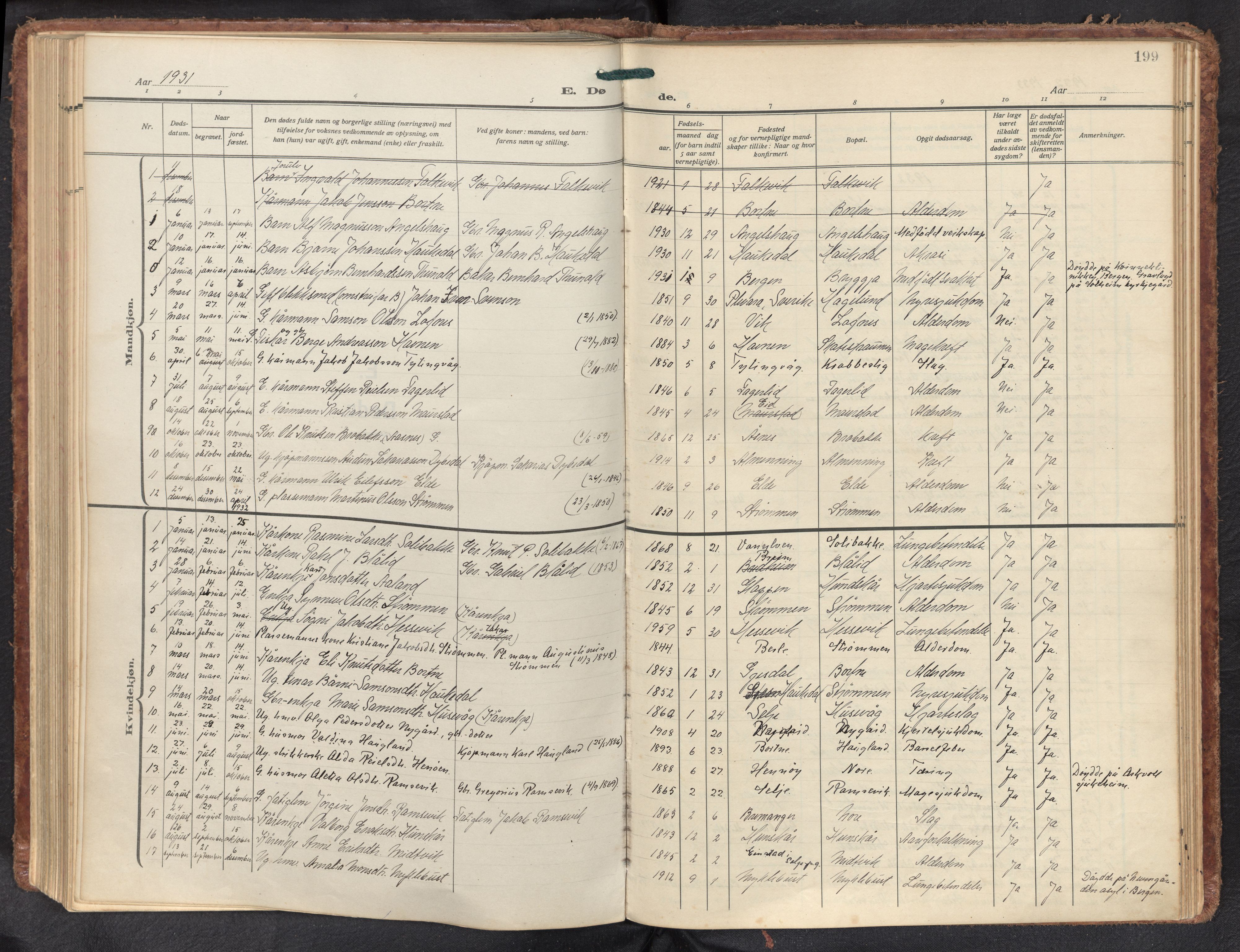 Davik sokneprestembete, AV/SAB-A-79701/H/Haa/Haad/L0003: Ministerialbok nr. D 3, 1931-1952, s. 198b-199a