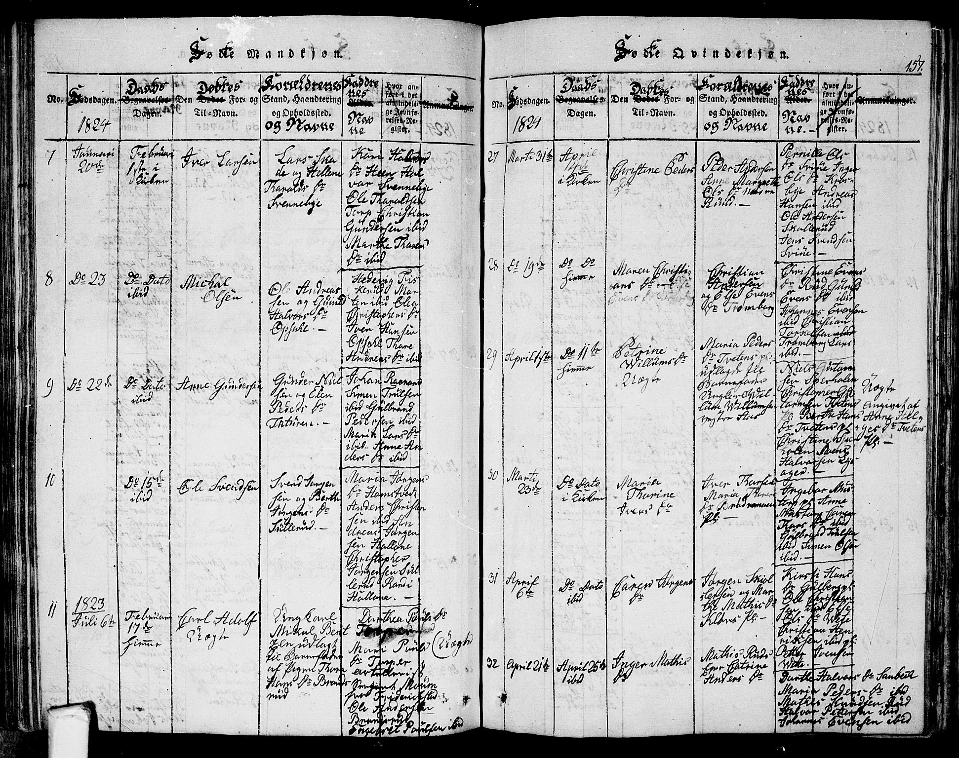 Eidsberg prestekontor Kirkebøker, AV/SAO-A-10905/G/Ga/L0001: Klokkerbok nr. I 1, 1814-1831, s. 157