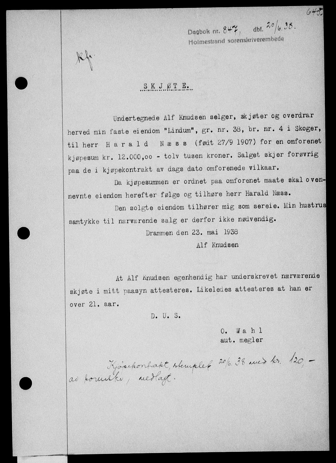 Holmestrand sorenskriveri, SAKO/A-67/G/Ga/Gaa/L0049: Pantebok nr. A-49, 1937-1938, Dagboknr: 847/1938