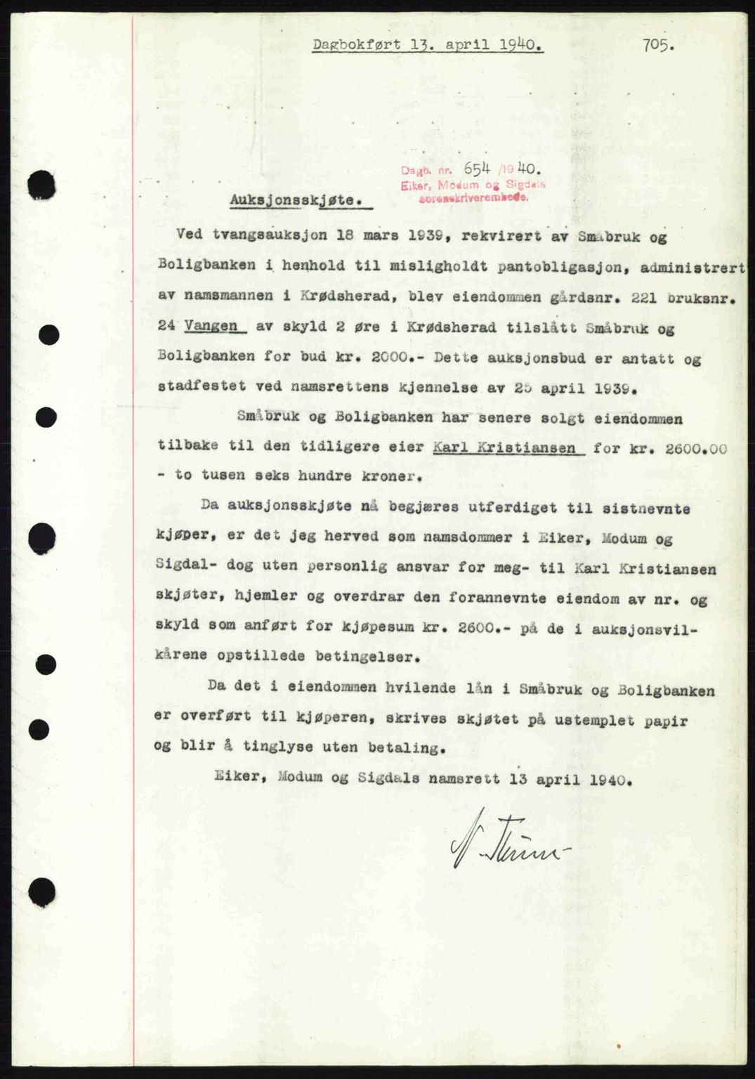 Eiker, Modum og Sigdal sorenskriveri, SAKO/A-123/G/Ga/Gab/L0041: Pantebok nr. A11, 1939-1940, Dagboknr: 654/1940