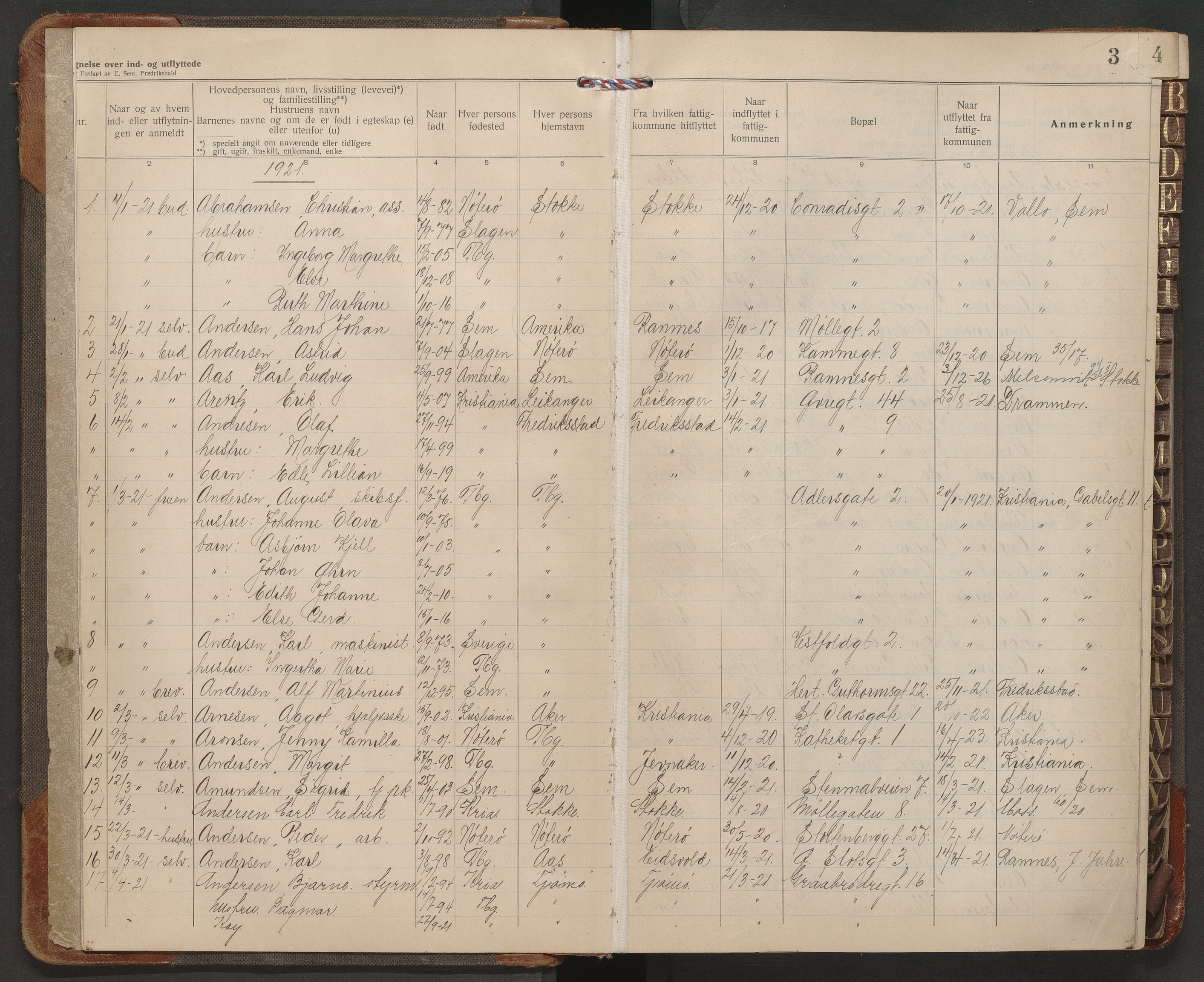 Tønsberg folkeregister, AV/SAKO-A-398/G/Gb/L0001: Protokoll over inn- og utflyttede, 1921-1923