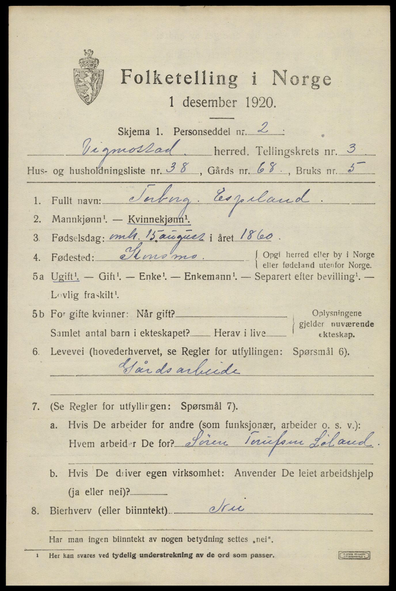 SAK, Folketelling 1920 for 1028 Vigmostad herred, 1920, s. 1133