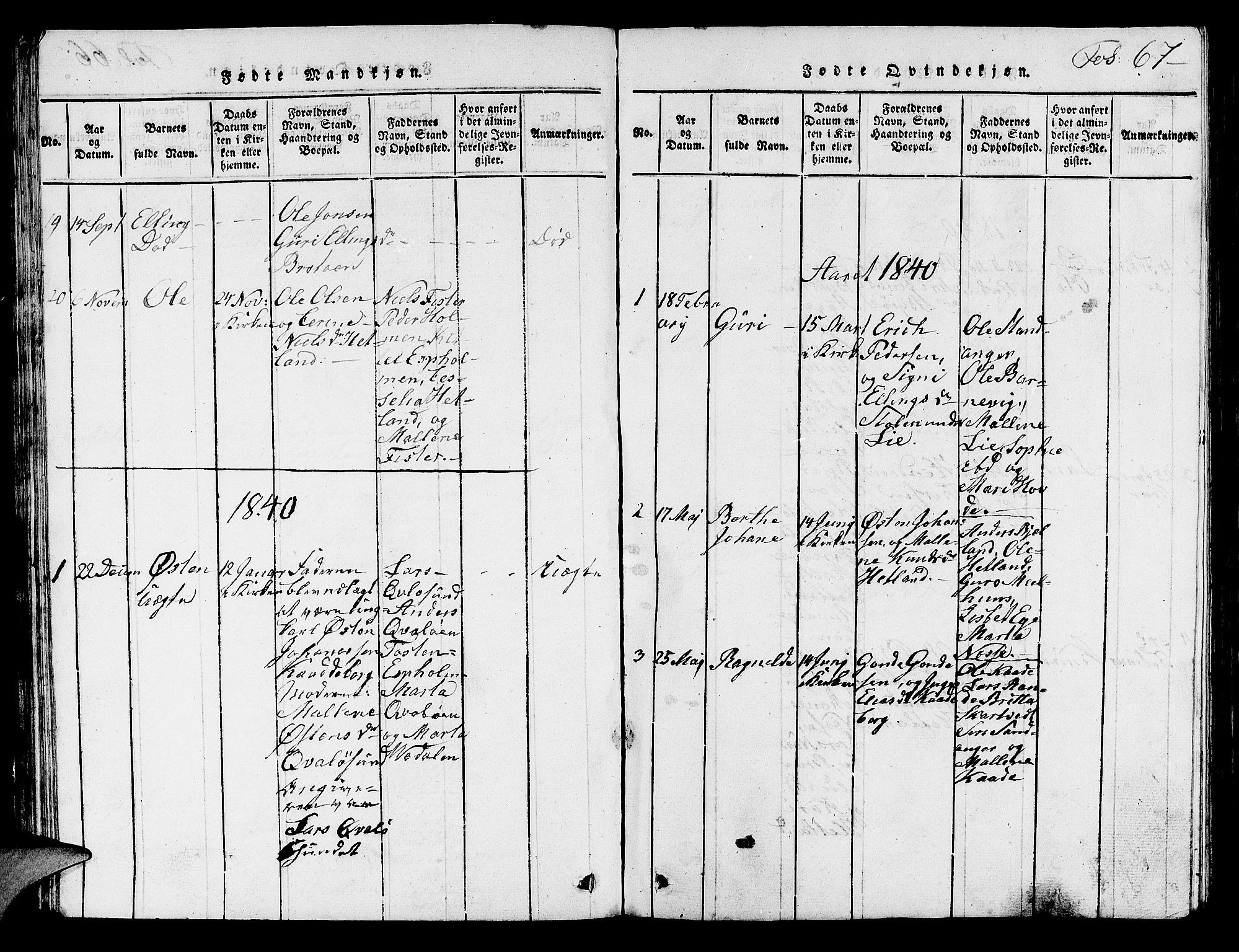 Hjelmeland sokneprestkontor, SAST/A-101843/01/V/L0003: Klokkerbok nr. B 3, 1816-1841, s. 67