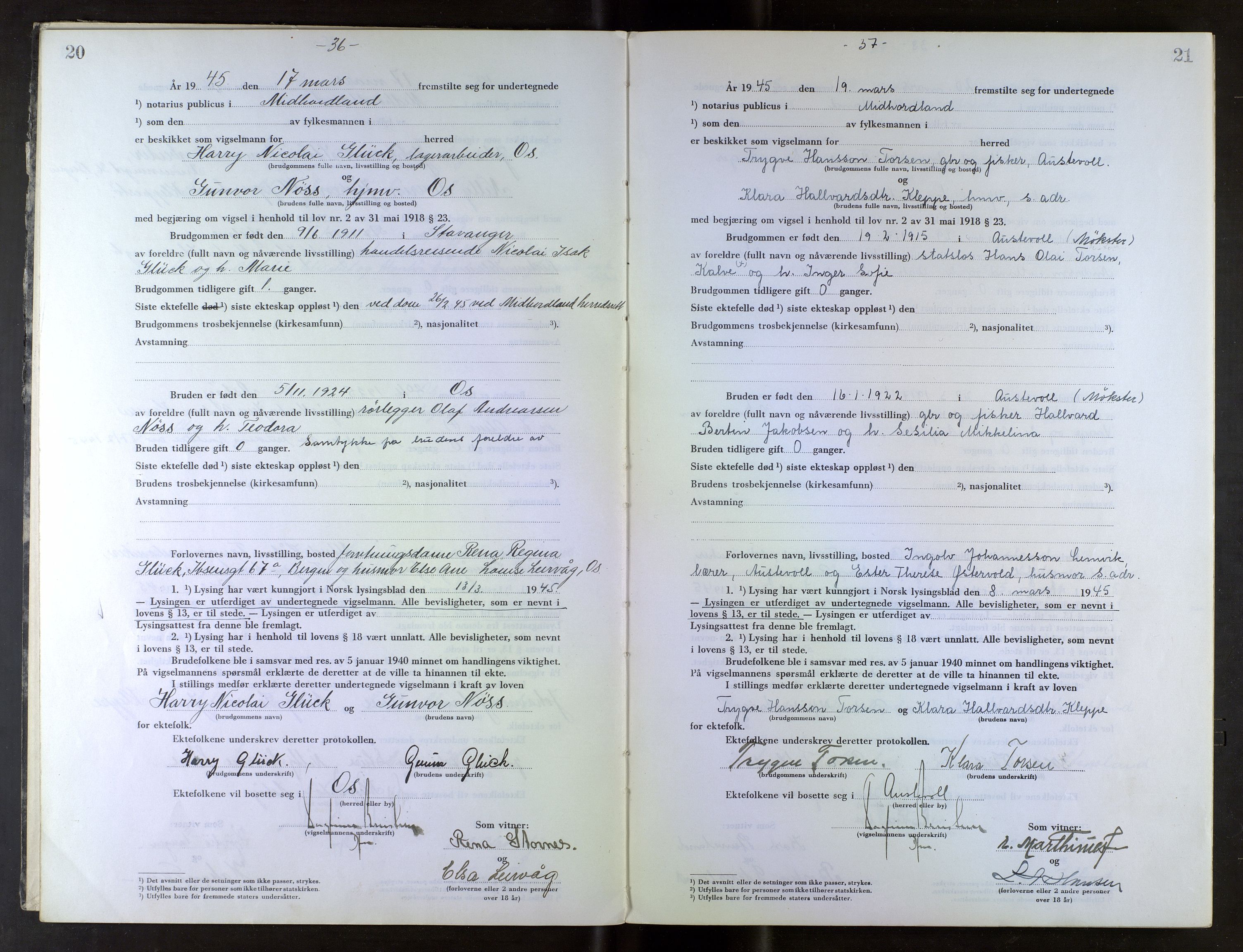 Midhordland sorenskriveri, AV/SAB-A-3001/1/M/Mc/Mca/L0007: Notarialbilag. Vigselbøker, 1945-1948, s. 20-21