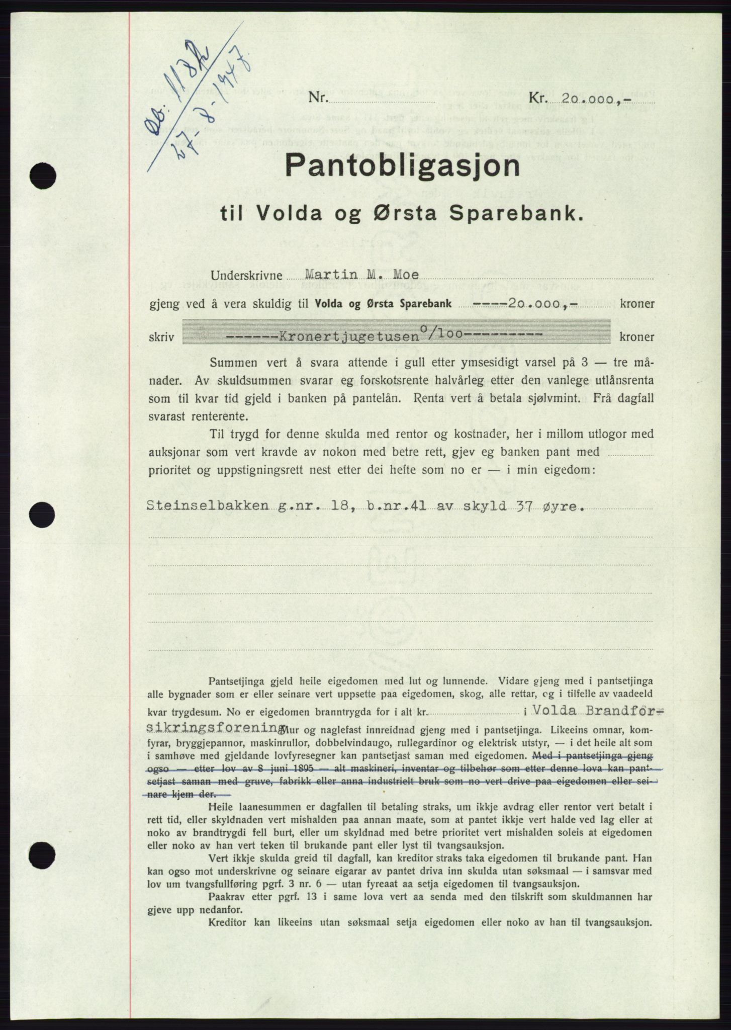 Søre Sunnmøre sorenskriveri, AV/SAT-A-4122/1/2/2C/L0115: Pantebok nr. 3B, 1947-1948, Dagboknr: 1182/1947