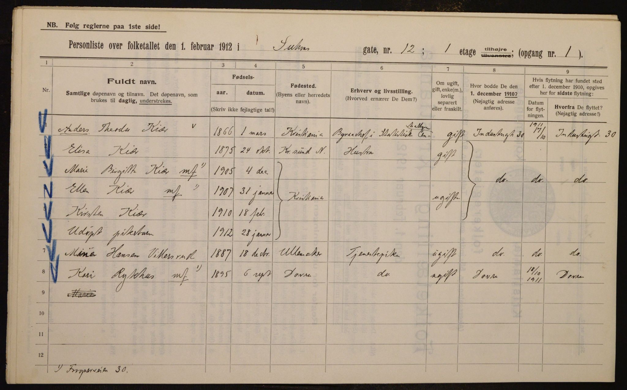 OBA, Kommunal folketelling 1.2.1912 for Kristiania, 1912, s. 104633