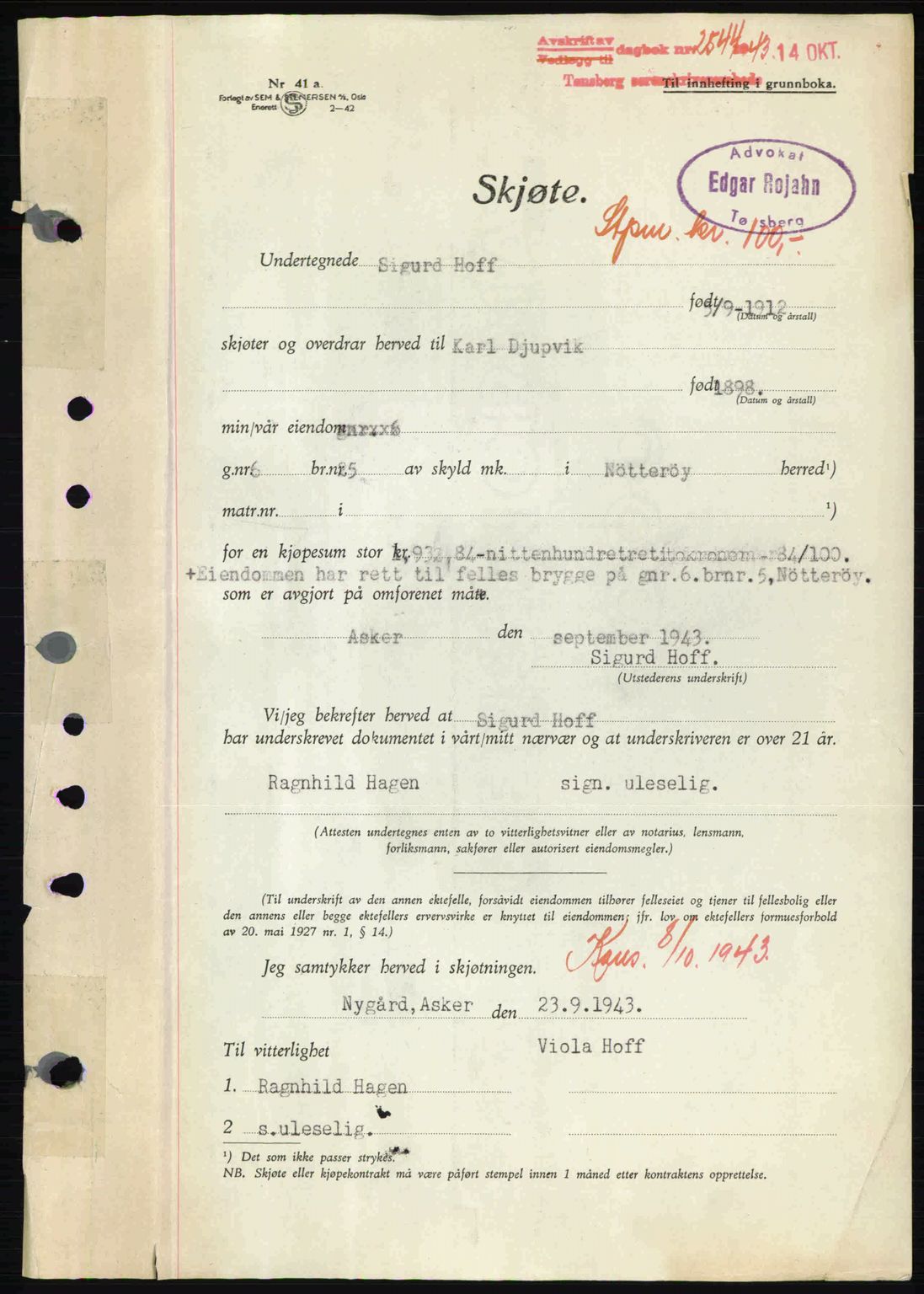 Tønsberg sorenskriveri, AV/SAKO-A-130/G/Ga/Gaa/L0014: Pantebok nr. A14, 1943-1944, Dagboknr: 2544/1943