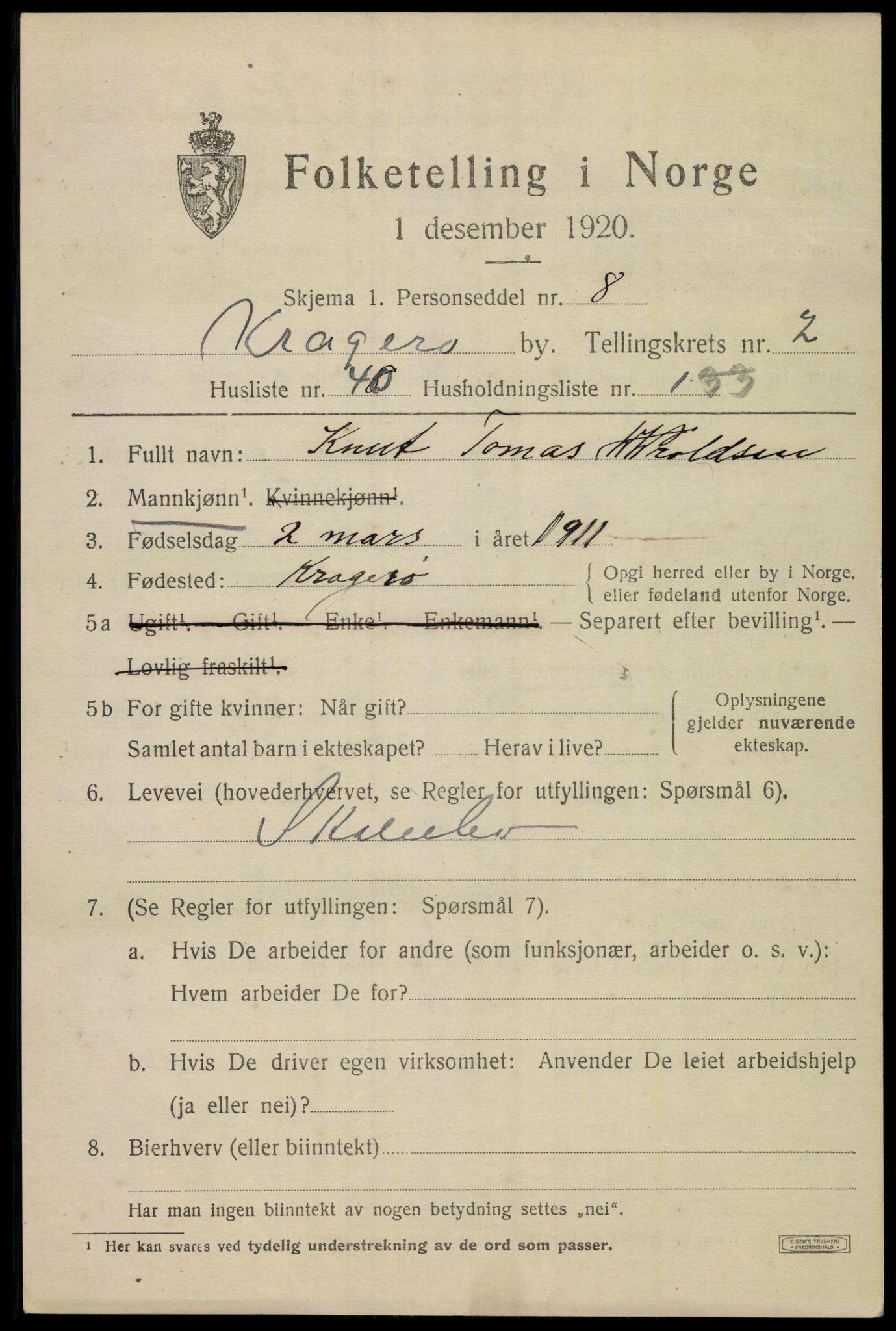 SAKO, Folketelling 1920 for 0801 Kragerø kjøpstad, 1920, s. 5851