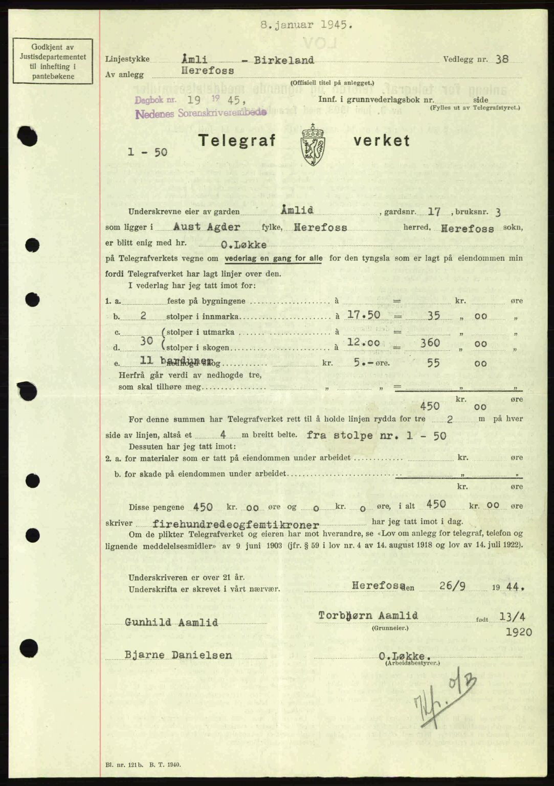 Nedenes sorenskriveri, SAK/1221-0006/G/Gb/Gba/L0052: Pantebok nr. A6a, 1944-1945, Dagboknr: 19/1945