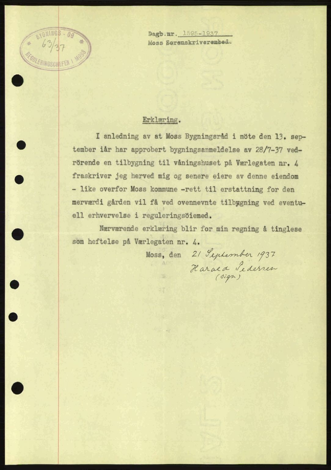 Moss sorenskriveri, SAO/A-10168: Pantebok nr. B4, 1937-1938, Dagboknr: 1595/1937
