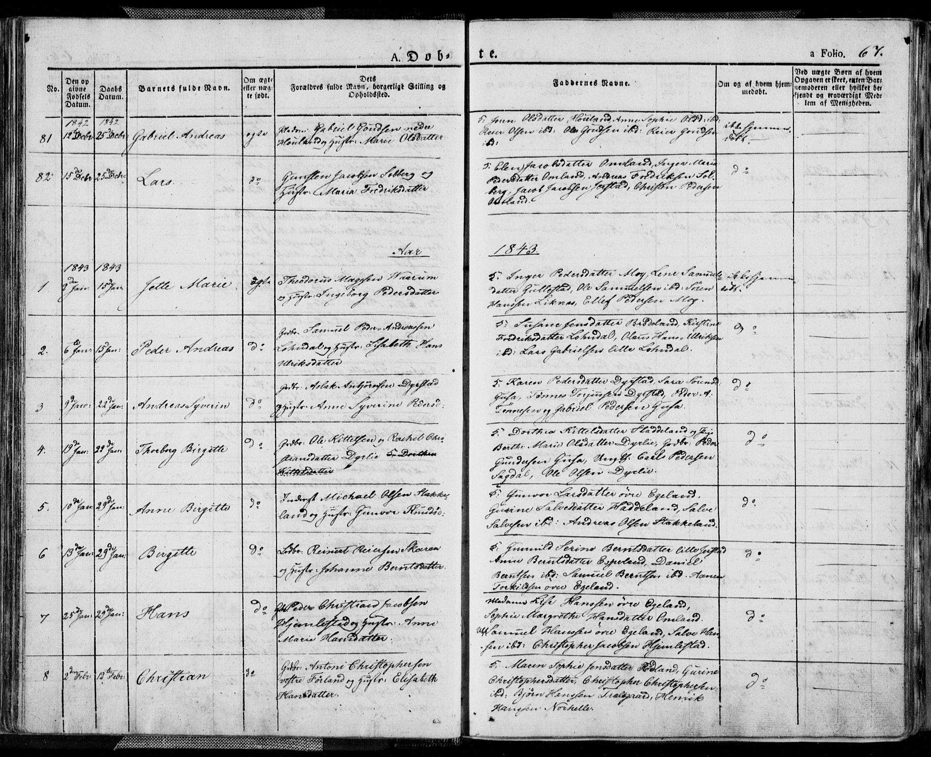 Kvinesdal sokneprestkontor, SAK/1111-0026/F/Fa/Fab/L0004: Ministerialbok nr. A 4, 1829-1843, s. 67