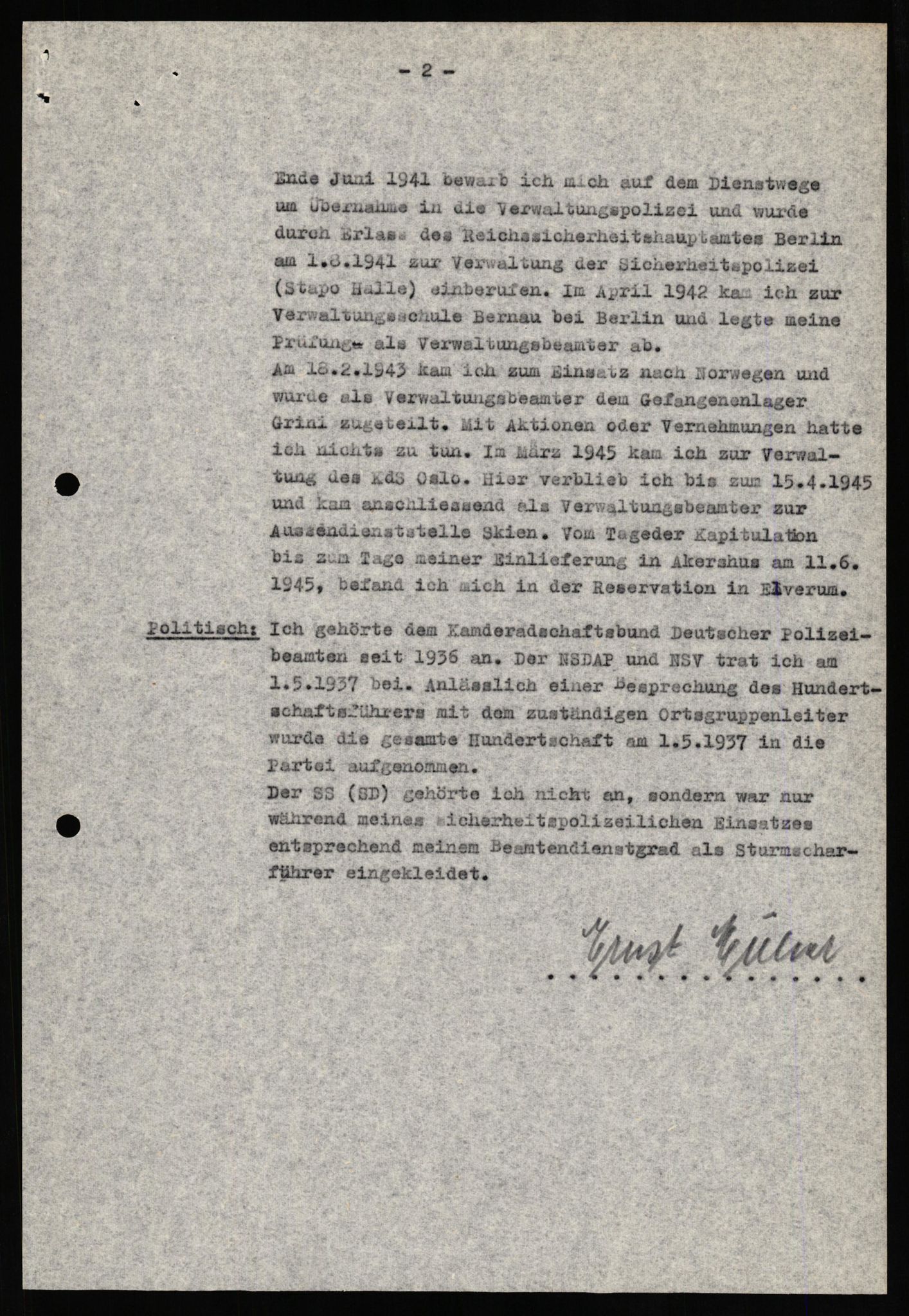 Forsvaret, Forsvarets overkommando II, AV/RA-RAFA-3915/D/Db/L0023: CI Questionaires. Tyske okkupasjonsstyrker i Norge. Tyskere., 1945-1946, s. 29