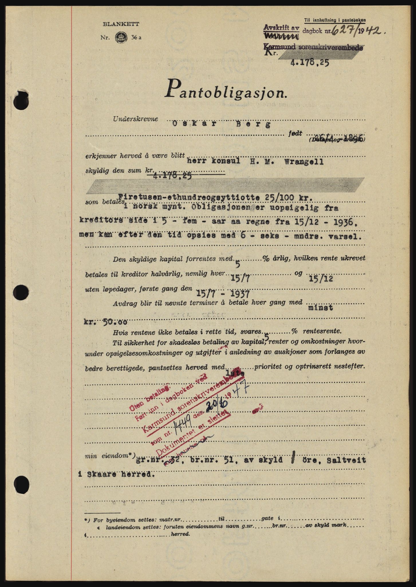 Karmsund sorenskriveri, SAST/A-100311/01/II/IIBBE/L0008: Pantebok nr. B 54, 1942-1943, Dagboknr: 627/1942