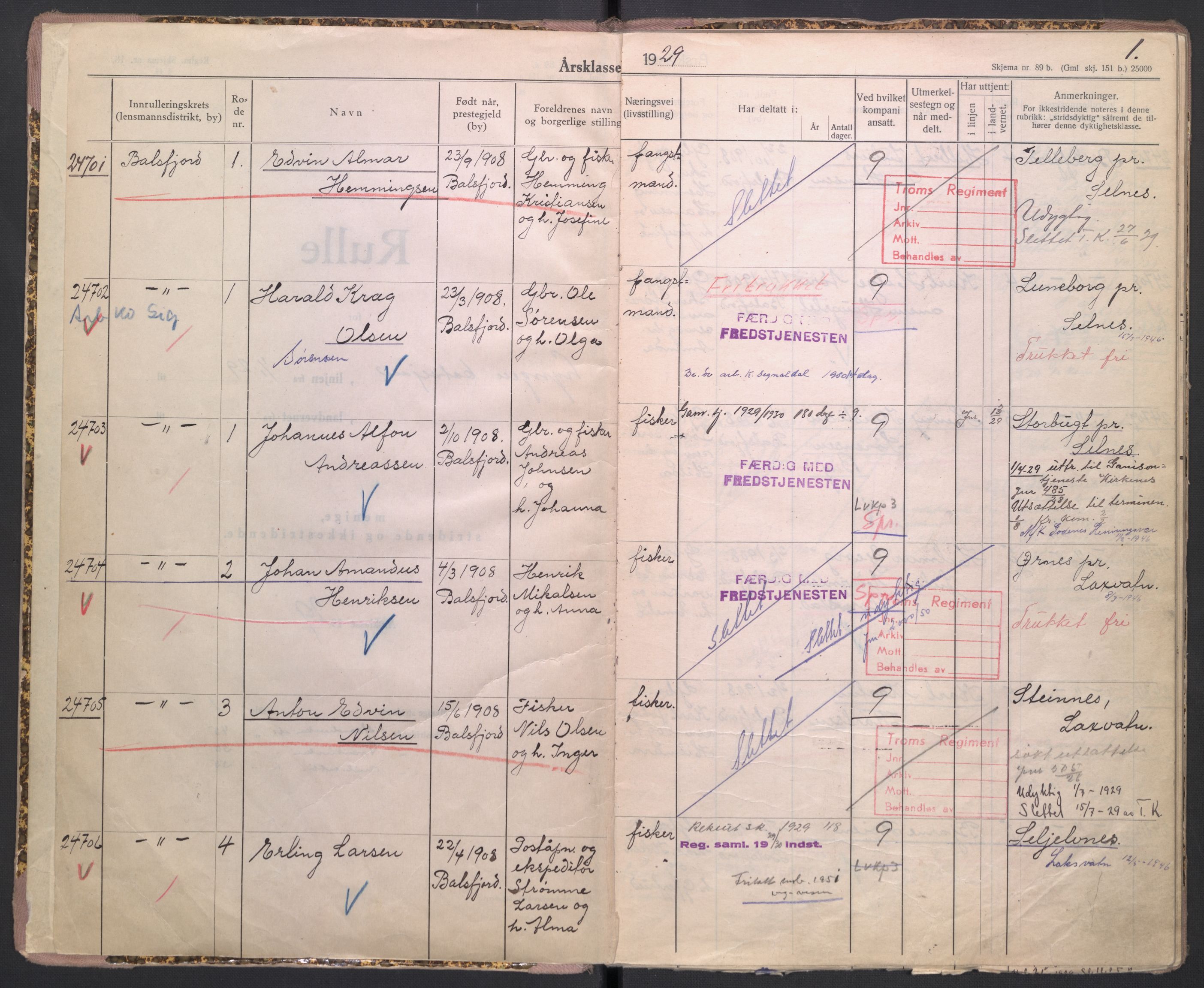 Forsvaret, Troms infanteriregiment nr. 16, AV/RA-RAFA-3146/P/Pa/L0005/0002: Ruller / Rulle for Lyngen bataljons menige mannskaper, årsklasse 1929, 1929, s. 1