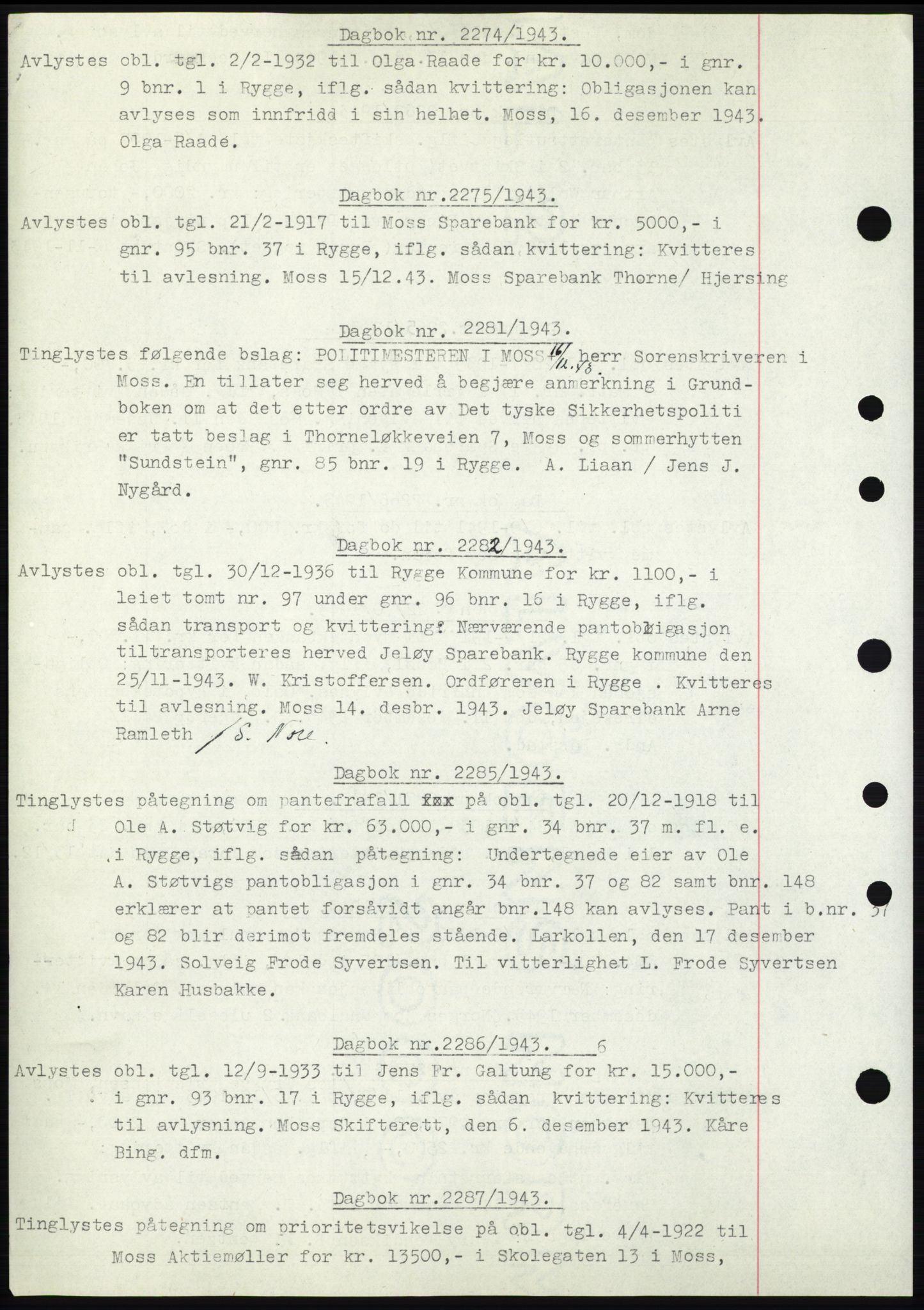 Moss sorenskriveri, SAO/A-10168: Pantebok nr. C10, 1938-1950, Dagboknr: 2274/1943