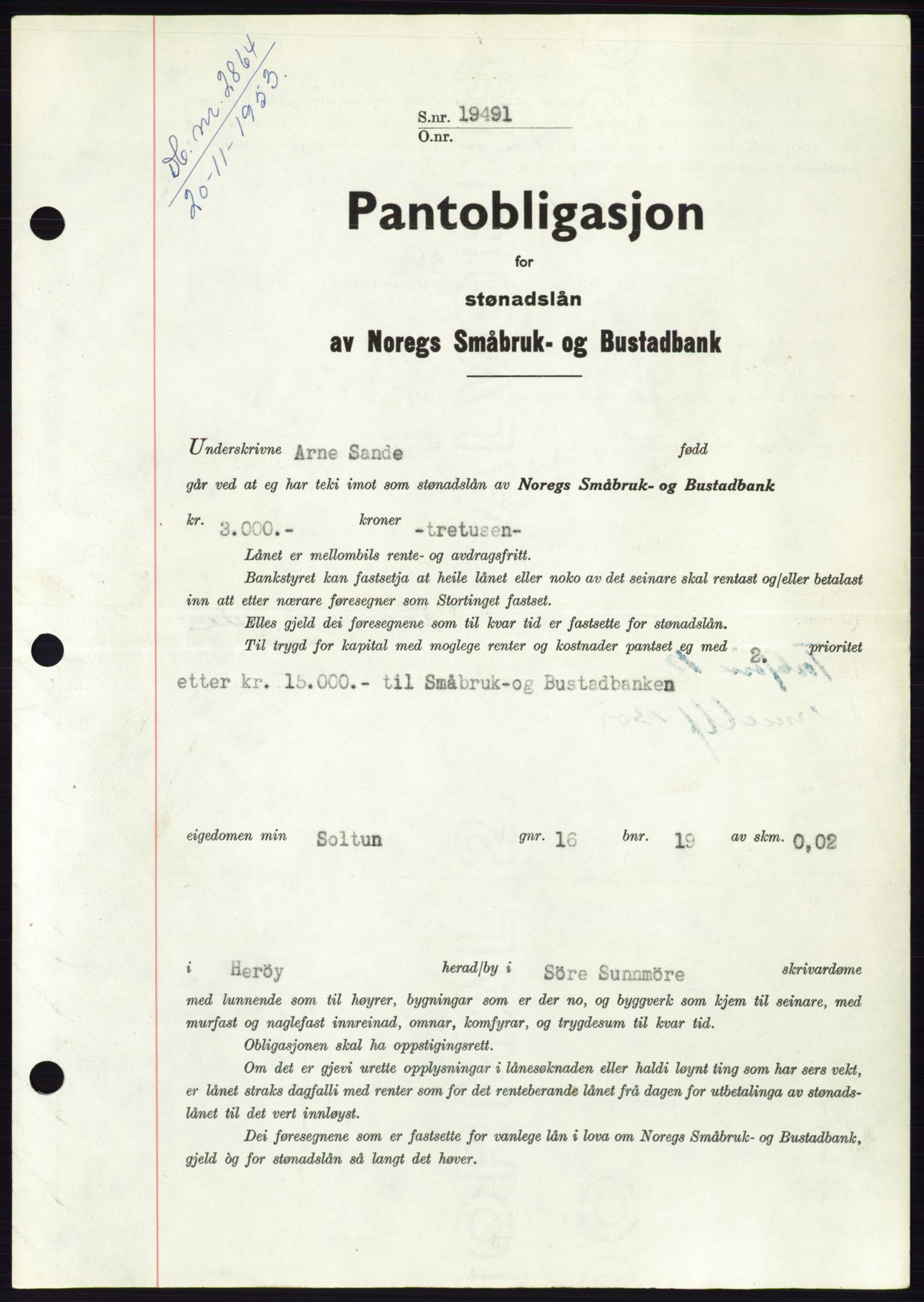 Søre Sunnmøre sorenskriveri, AV/SAT-A-4122/1/2/2C/L0124: Pantebok nr. 12B, 1953-1954, Dagboknr: 2864/1953