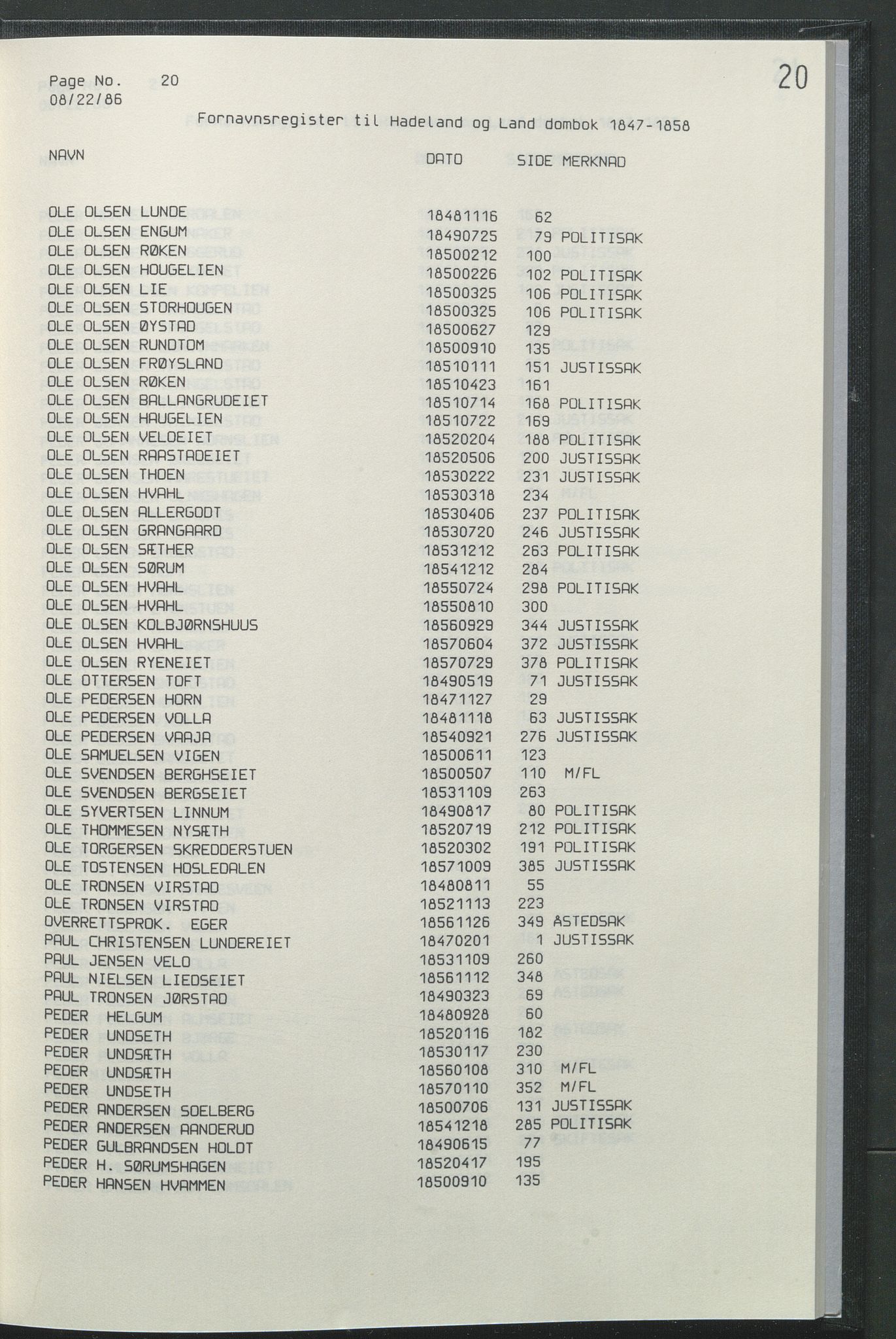 Statsarkivet i Hamar, AV/SAH-SAH-001/H/Hb/L0001/0004: Egne registre og hjelpemidler / Register  til Hadeland og Land sorenskriveri dombok 1 (1847 - 1858), 1847-1858, s. 20