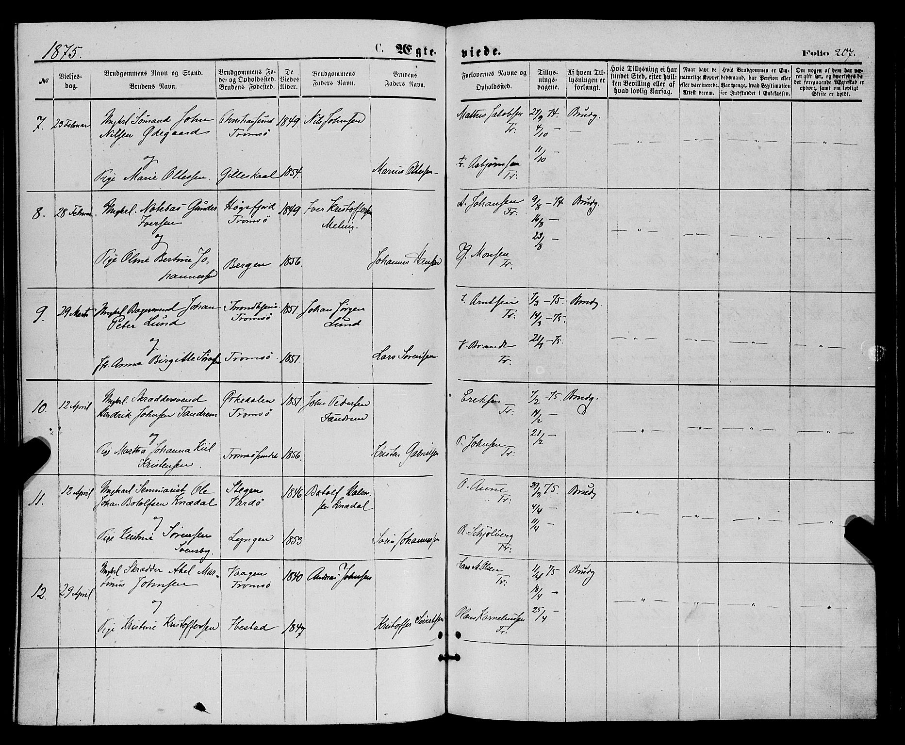 Tromsø sokneprestkontor/stiftsprosti/domprosti, SATØ/S-1343/G/Ga/L0013kirke: Ministerialbok nr. 13, 1872-1877, s. 207