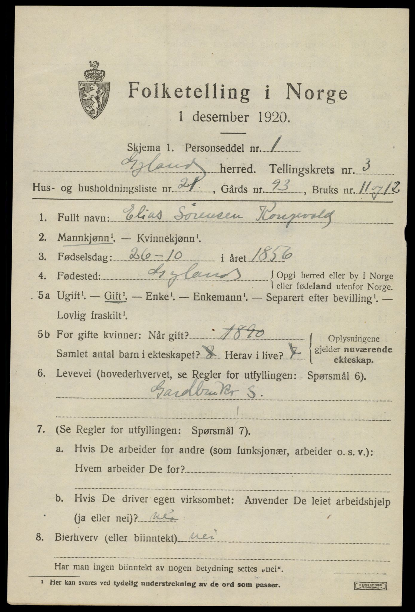 SAK, Folketelling 1920 for 1044 Gyland herred, 1920, s. 1002