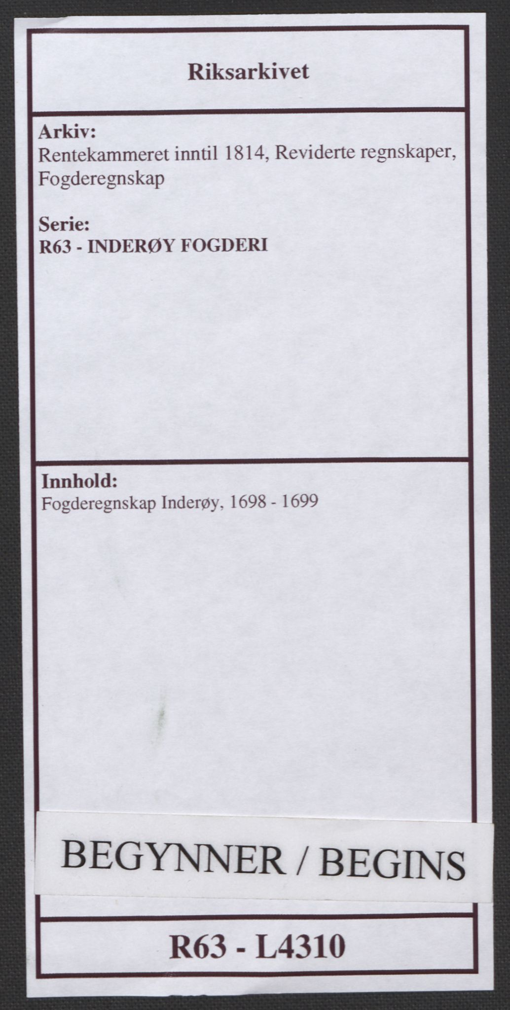 Rentekammeret inntil 1814, Reviderte regnskaper, Fogderegnskap, RA/EA-4092/R63/L4310: Fogderegnskap Inderøy, 1698-1699, s. 1