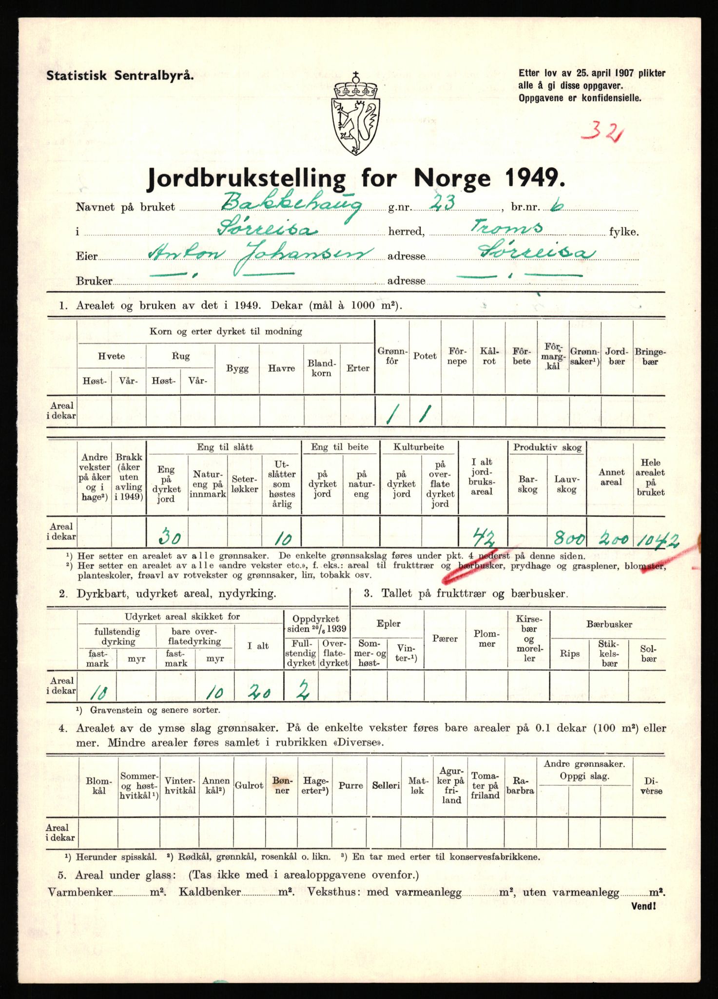 Statistisk sentralbyrå, Næringsøkonomiske emner, Jordbruk, skogbruk, jakt, fiske og fangst, AV/RA-S-2234/G/Gc/L0440: Troms: Sørreisa og Dyrøy, 1949, s. 543