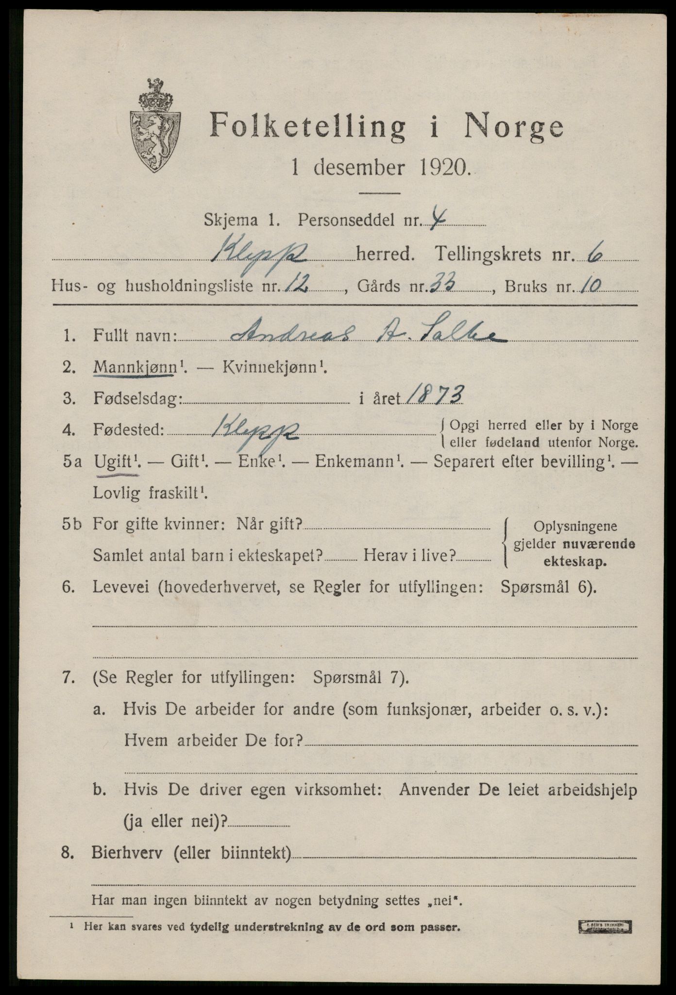 SAST, Folketelling 1920 for 1120 Klepp herred, 1920, s. 6108