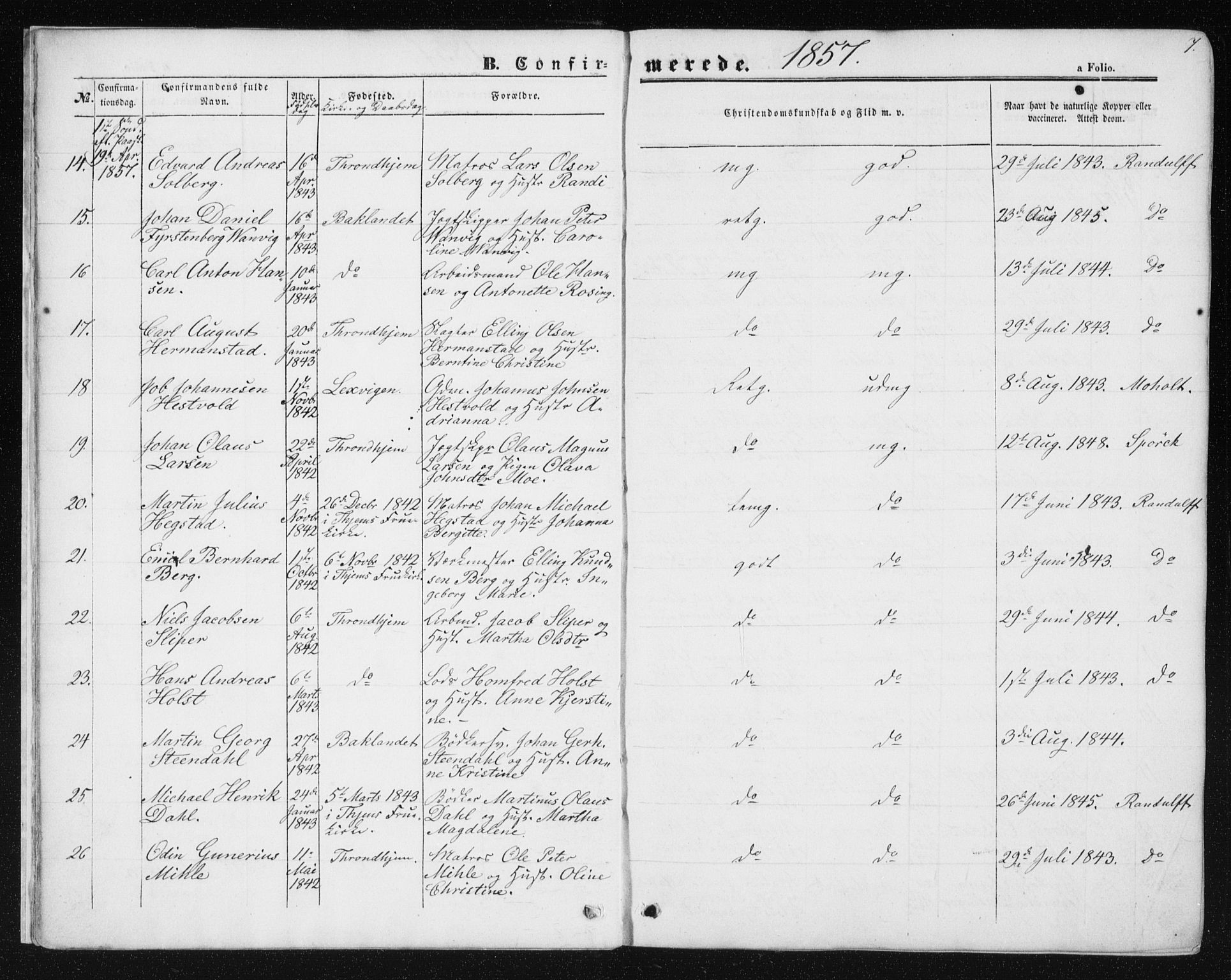 Ministerialprotokoller, klokkerbøker og fødselsregistre - Sør-Trøndelag, SAT/A-1456/602/L0114: Ministerialbok nr. 602A12, 1856-1872, s. 7
