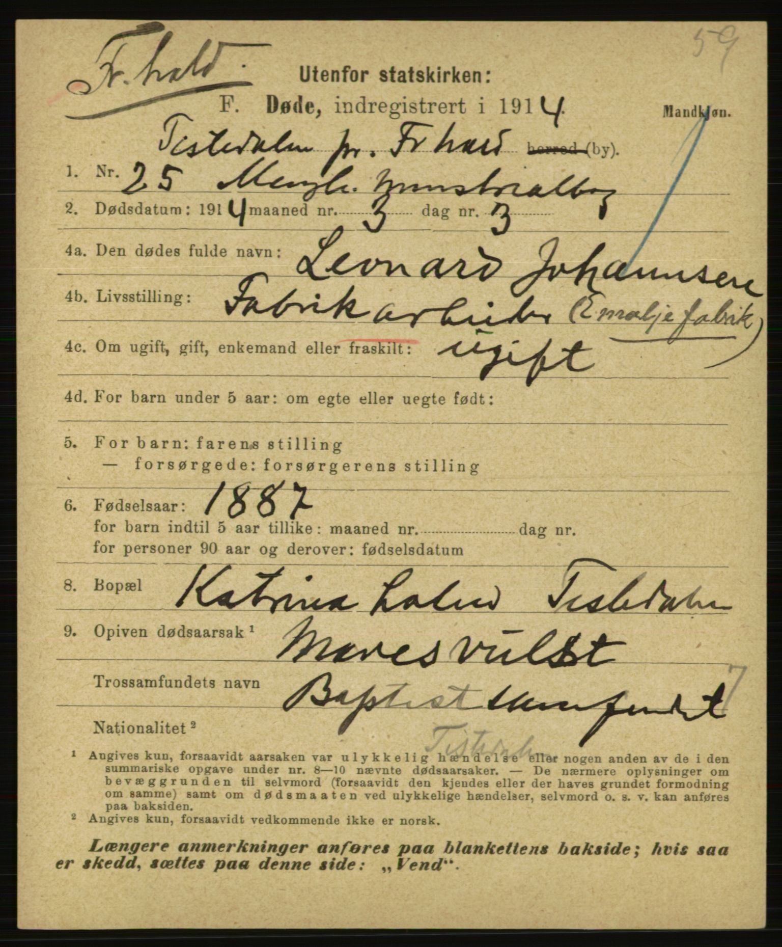 Statistisk sentralbyrå, Sosiodemografiske emner, Befolkning, AV/RA-S-2228/E/L0012: Fødte, gifte, døde dissentere., 1914, s. 2479