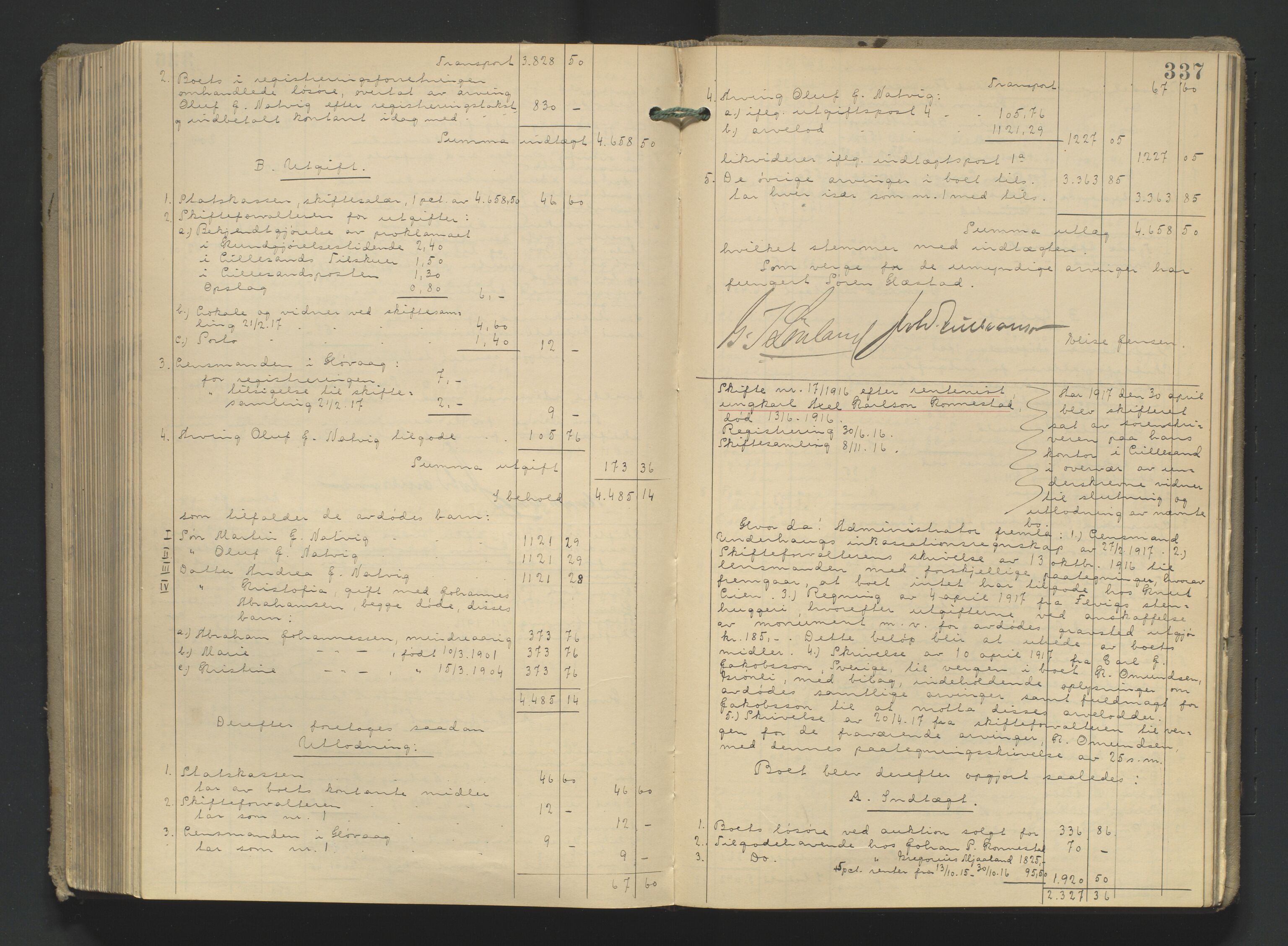 Vestre Nedenes/Sand sorenskriveri, AV/SAK-1221-0010/H/Hc/L0021: Skifteutlodningsprotokoll nr. 8, 1907-1919, s. 337