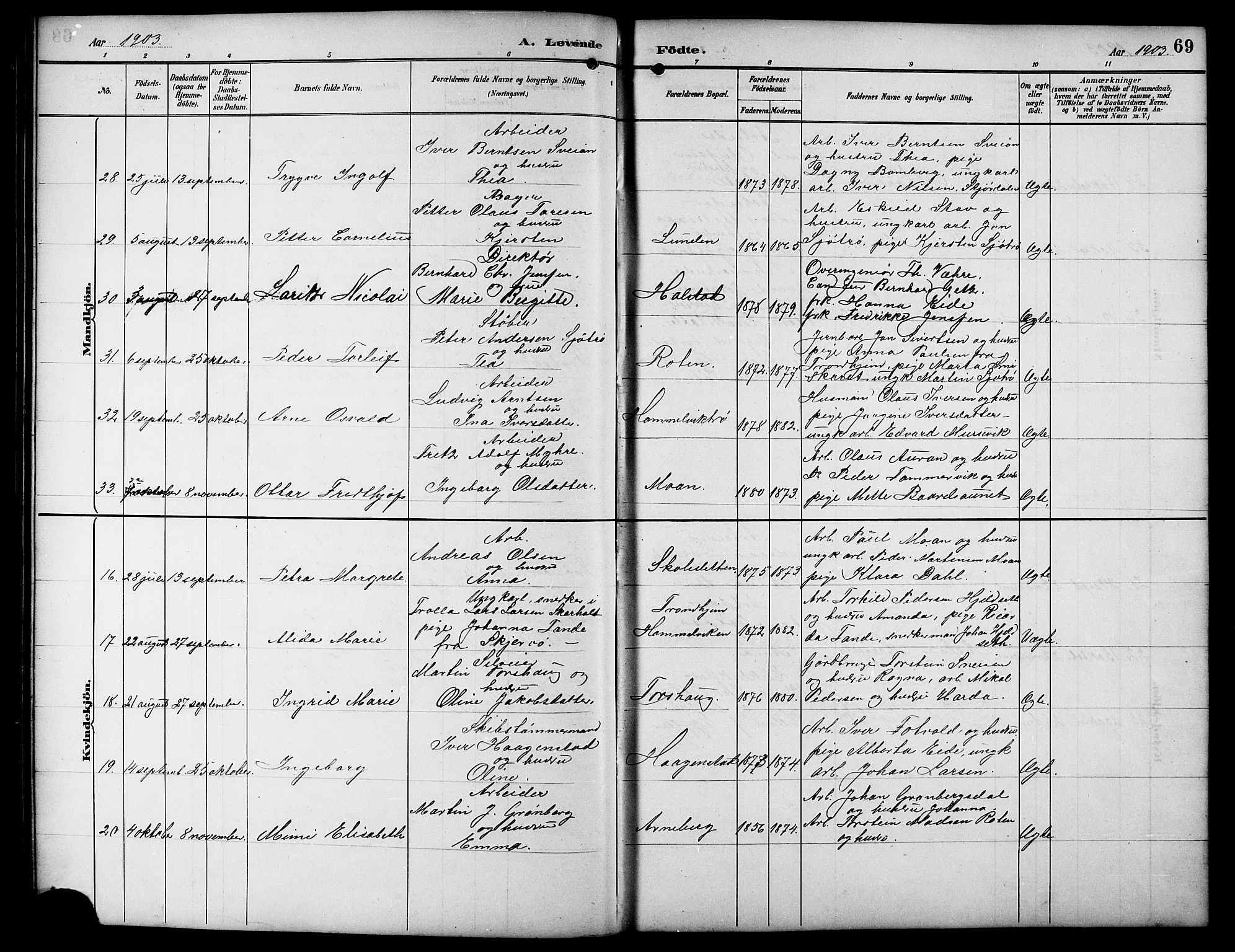 Ministerialprotokoller, klokkerbøker og fødselsregistre - Sør-Trøndelag, AV/SAT-A-1456/617/L0431: Klokkerbok nr. 617C01, 1889-1910, s. 69