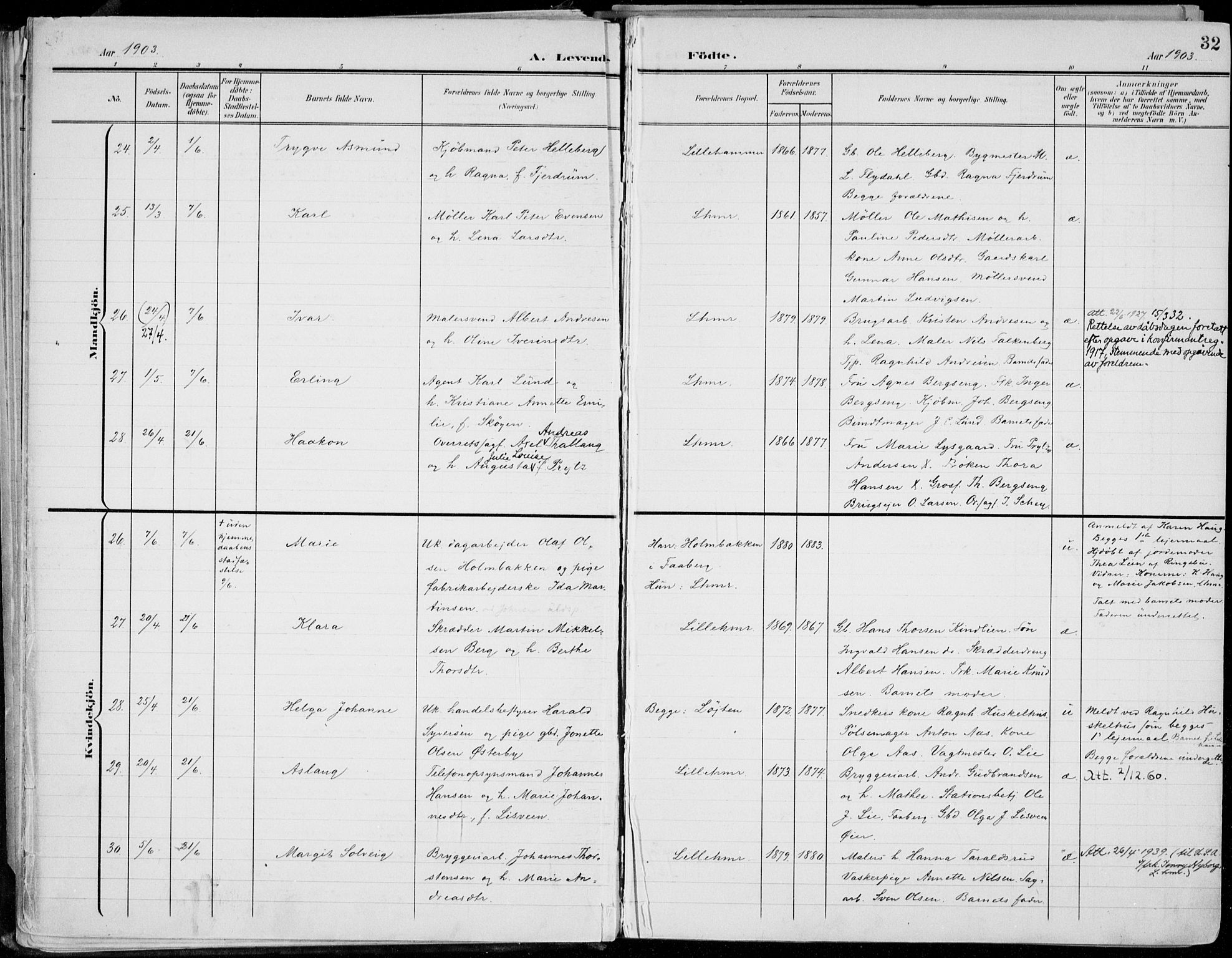 Lillehammer prestekontor, AV/SAH-PREST-088/H/Ha/Haa/L0001: Ministerialbok nr. 1, 1901-1916, s. 32