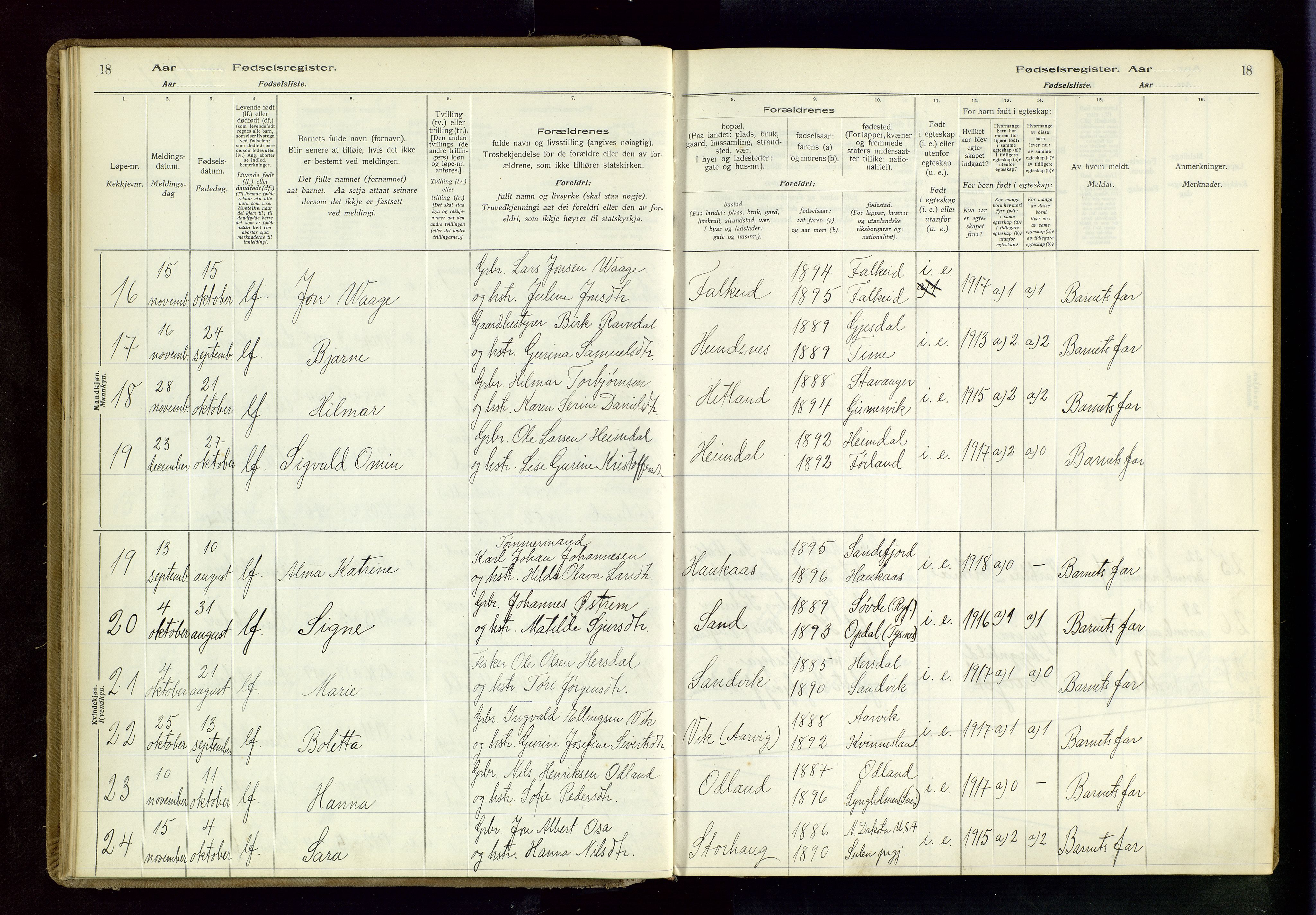 Tysvær sokneprestkontor, AV/SAST-A -101864/I/Id/L0001: Fødselsregister nr. 1, 1916-1954, s. 18