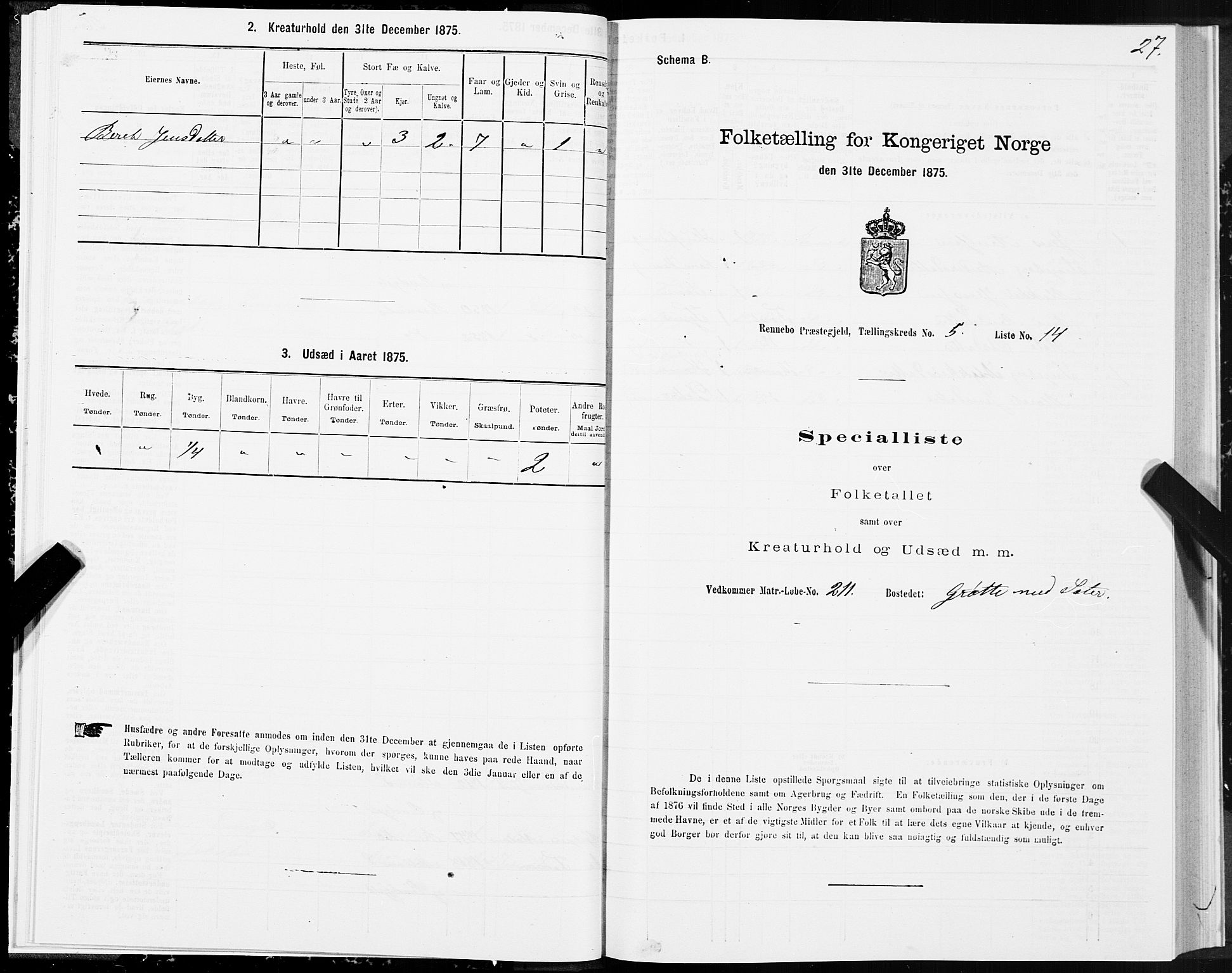 SAT, Folketelling 1875 for 1635P Rennebu prestegjeld, 1875, s. 3027