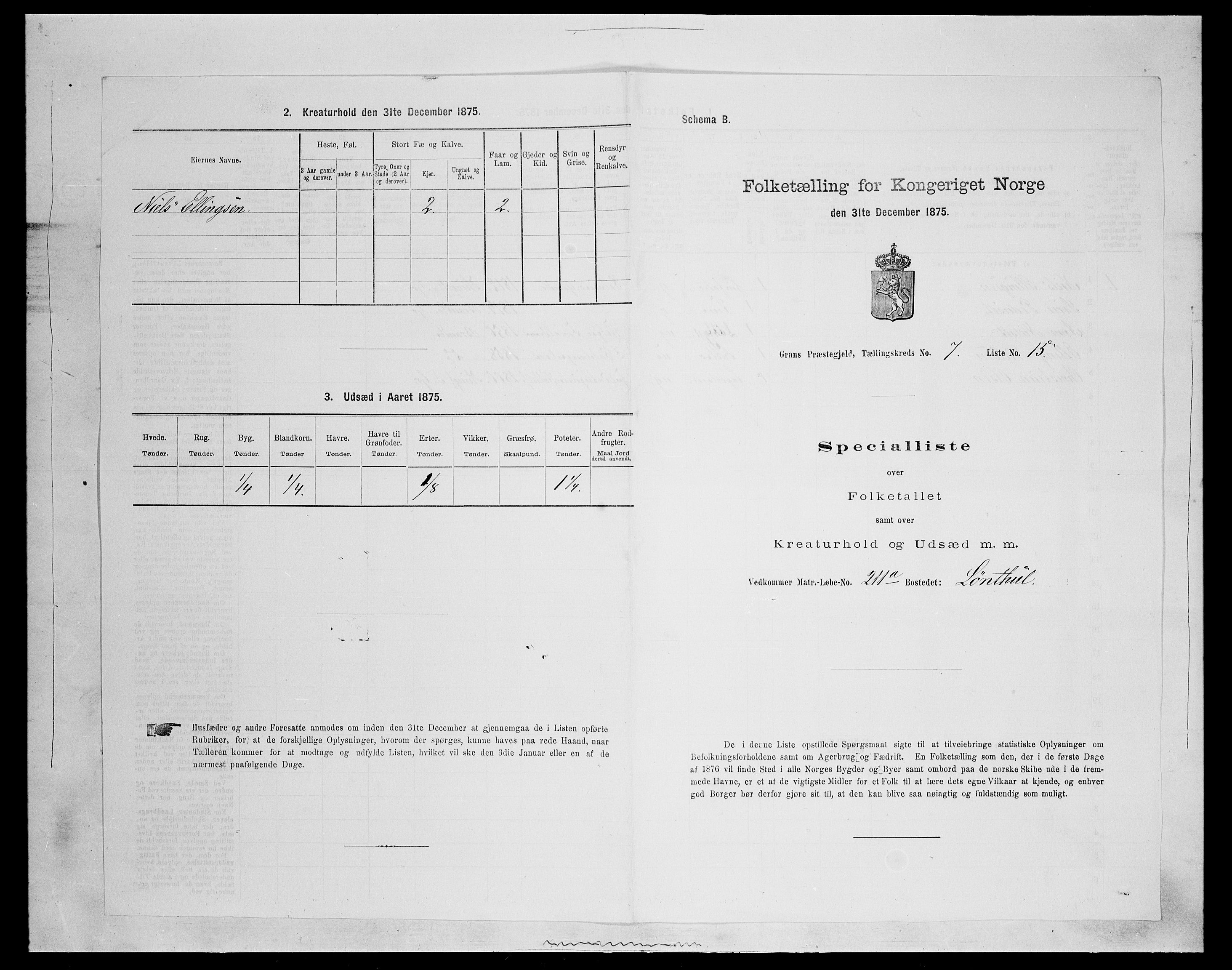 SAH, Folketelling 1875 for 0534P Gran prestegjeld, 1875, s. 1196