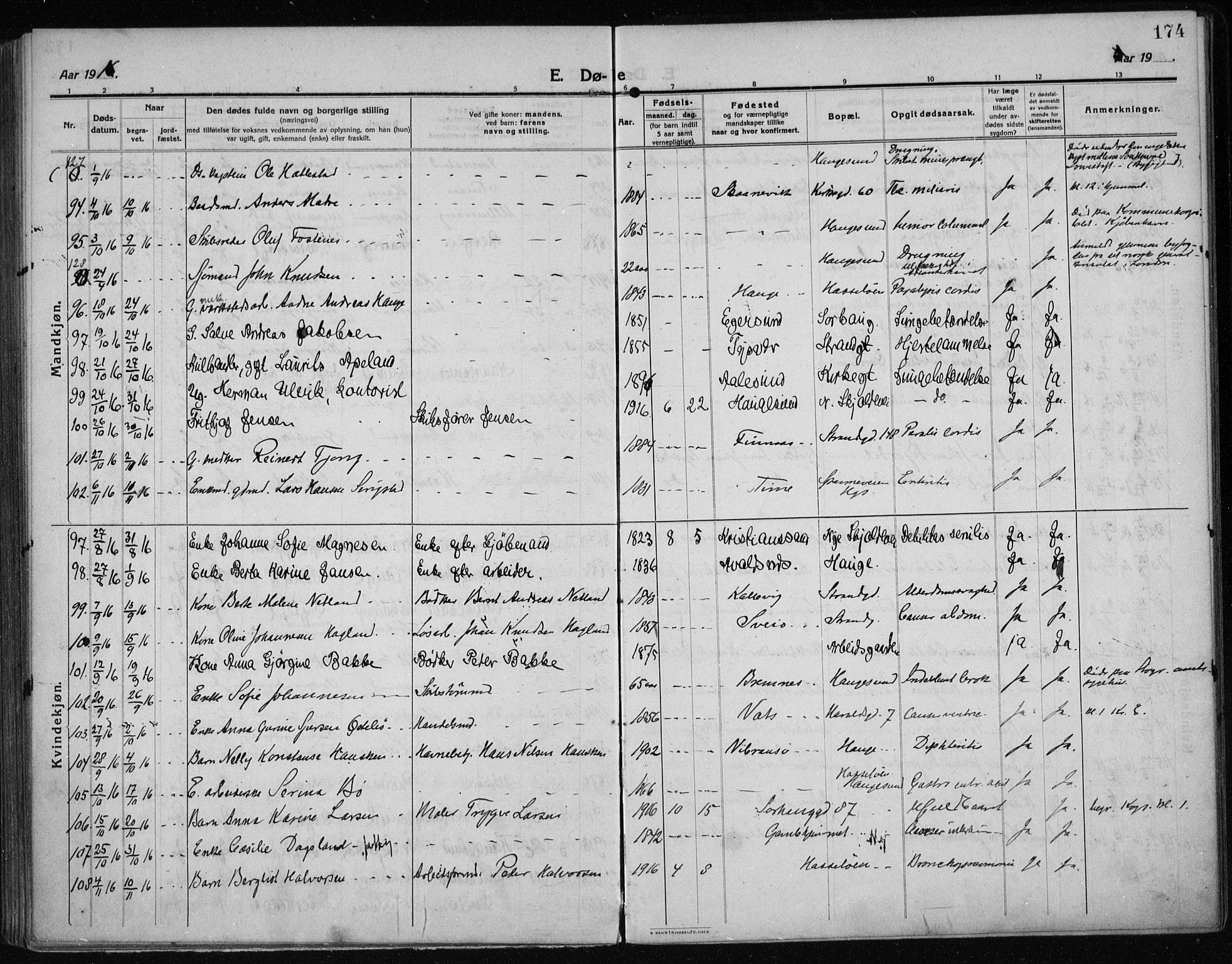 Haugesund sokneprestkontor, AV/SAST-A -101863/H/Ha/Haa/L0009: Ministerialbok nr. A 9, 1914-1929, s. 174