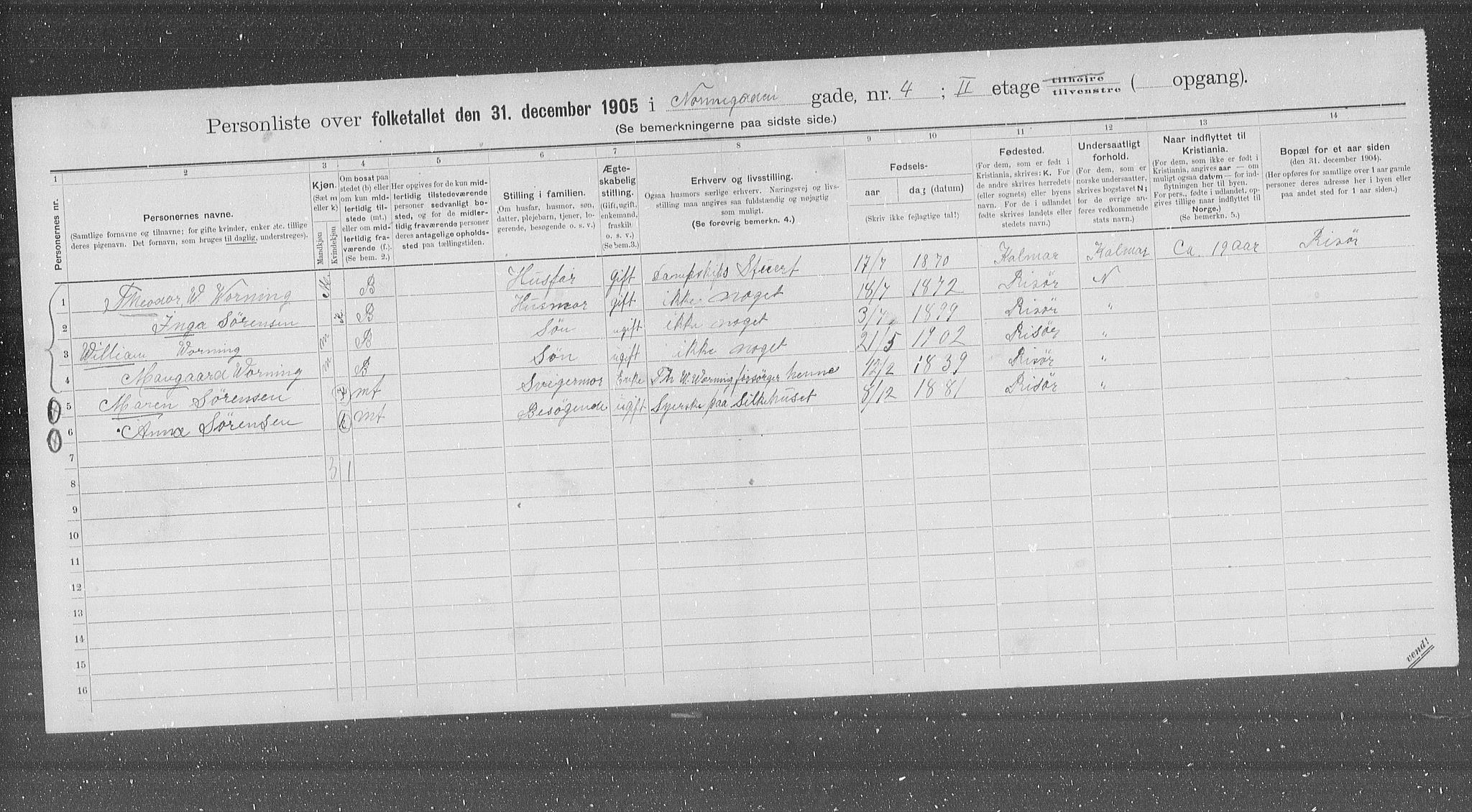 OBA, Kommunal folketelling 31.12.1905 for Kristiania kjøpstad, 1905, s. 37560