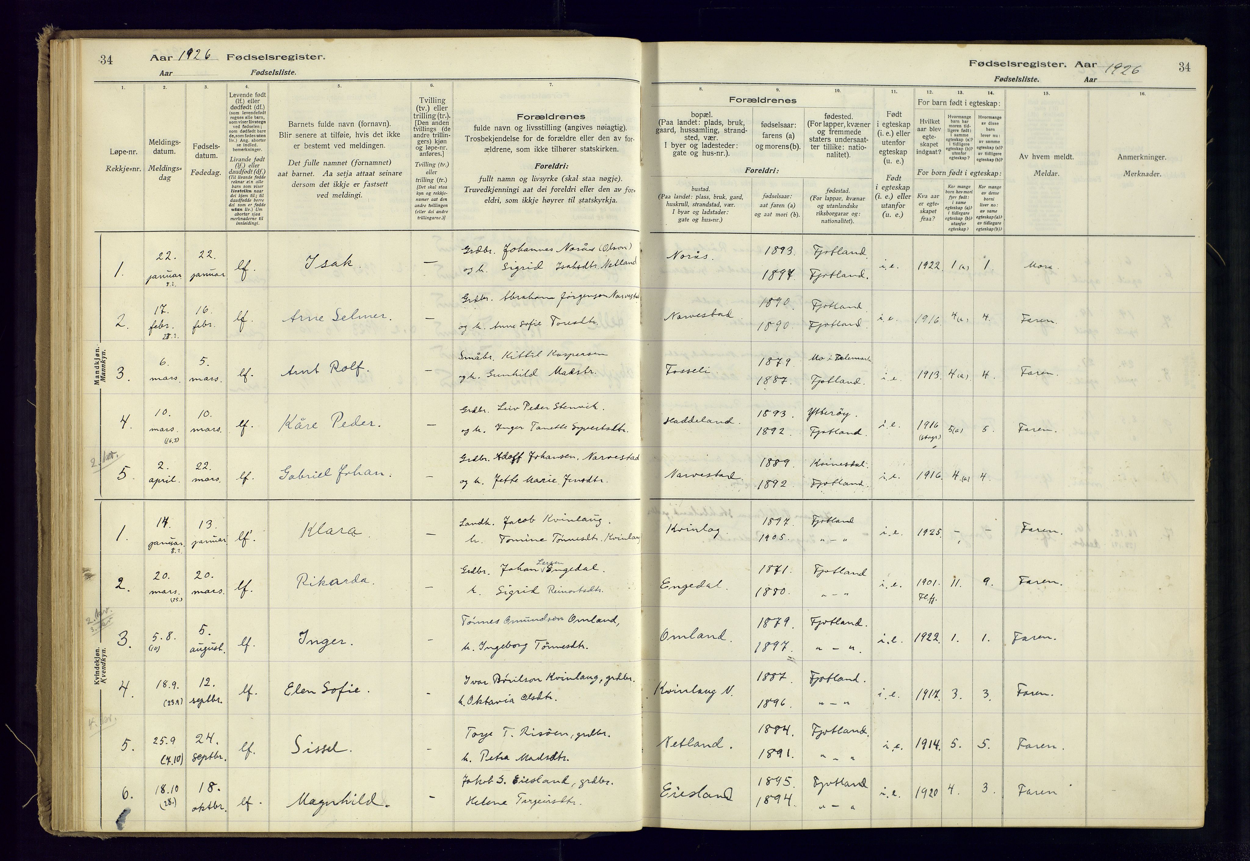 Fjotland sokneprestkontor, SAK/1111-0010/J/Ja/L0001: Fødselsregister nr. 1, 1916-1981, s. 34