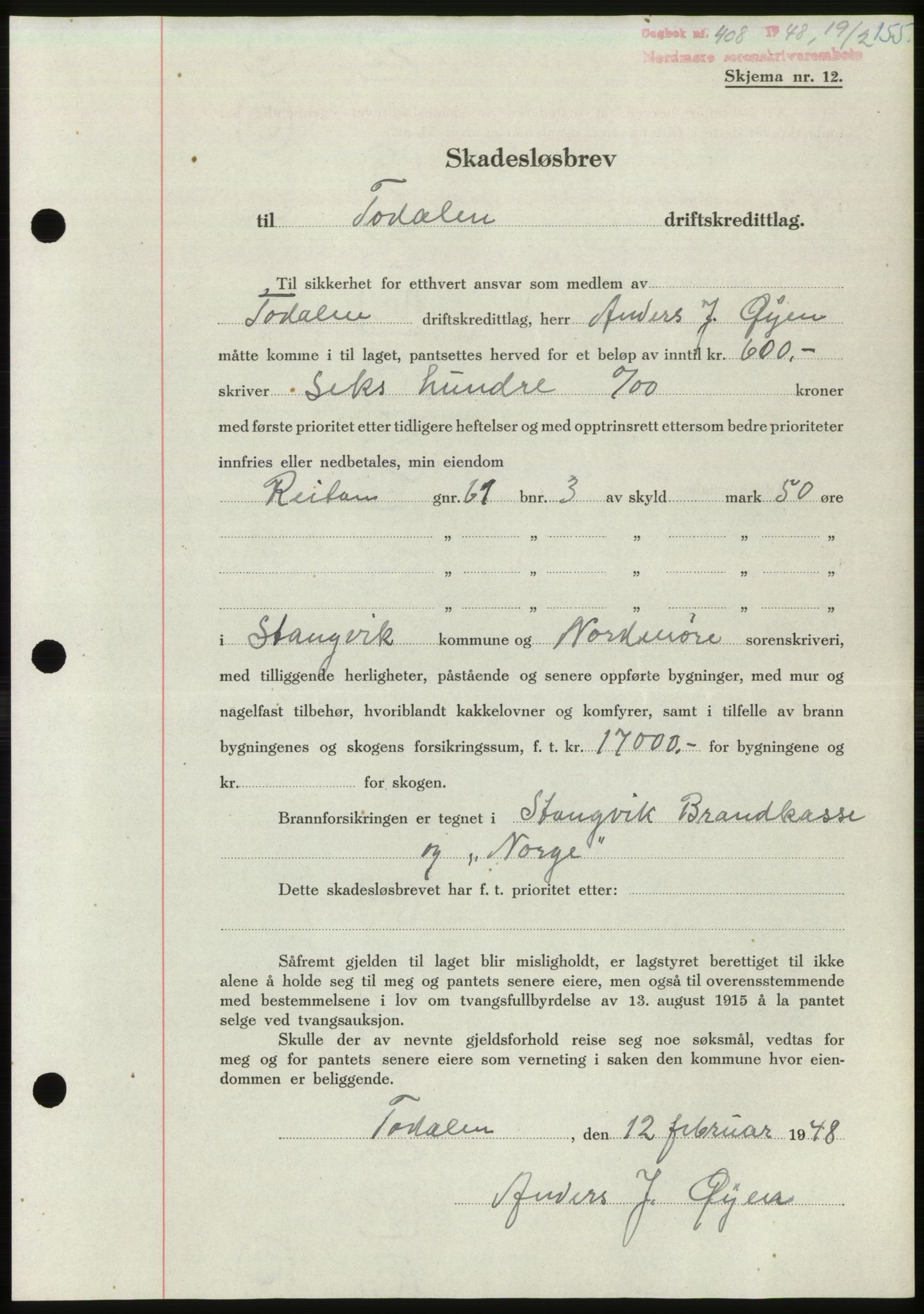 Nordmøre sorenskriveri, SAT/A-4132/1/2/2Ca: Pantebok nr. B98, 1948-1948, Dagboknr: 408/1948