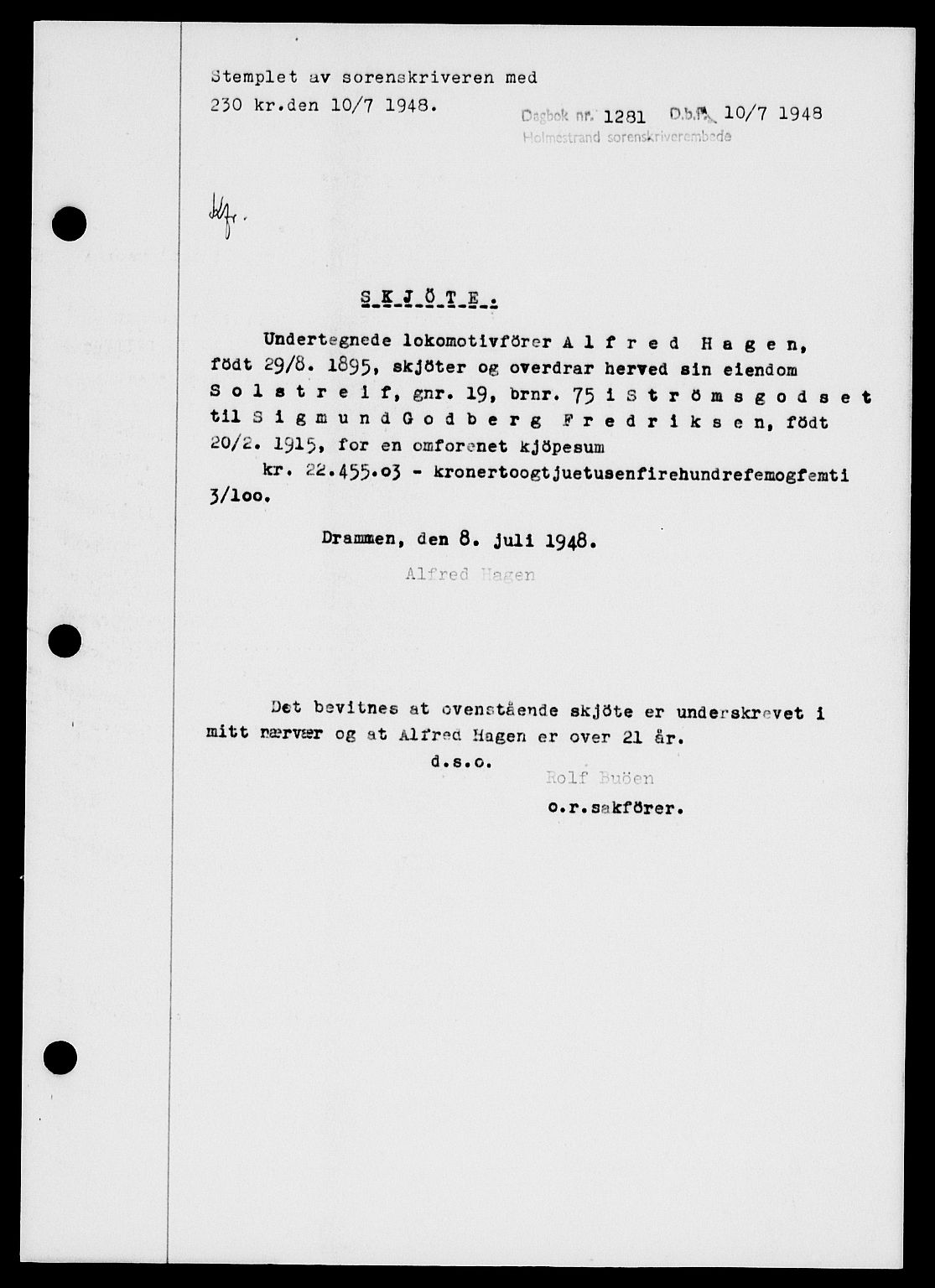 Holmestrand sorenskriveri, SAKO/A-67/G/Ga/Gaa/L0064: Pantebok nr. A-64, 1948-1948, Dagboknr: 1281/1948