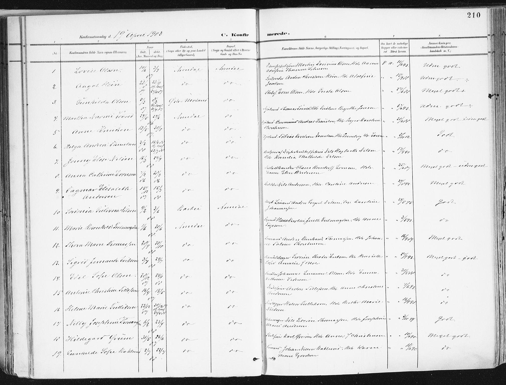 Arendal sokneprestkontor, Trefoldighet, SAK/1111-0040/F/Fa/L0010: Ministerialbok nr. A 10, 1900-1919, s. 210