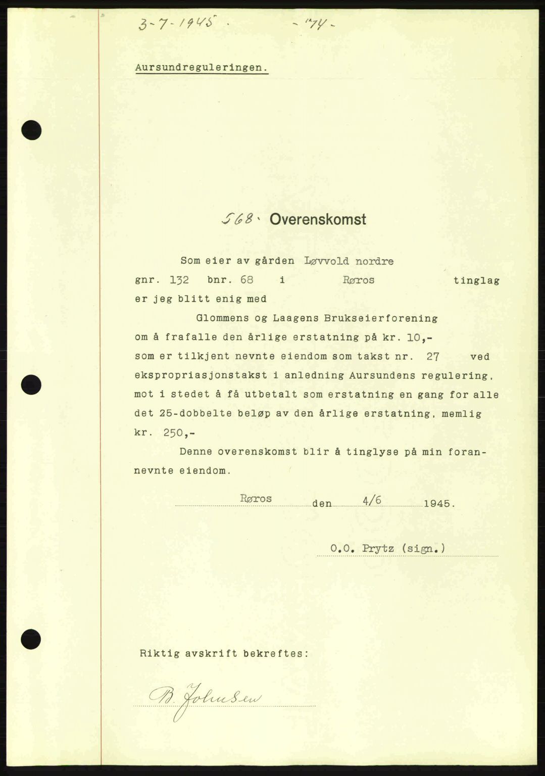 Gauldal sorenskriveri, SAT/A-0014/1/2/2C: Pantebok nr. A1a, 1945-1945, Dagboknr: 568/1945