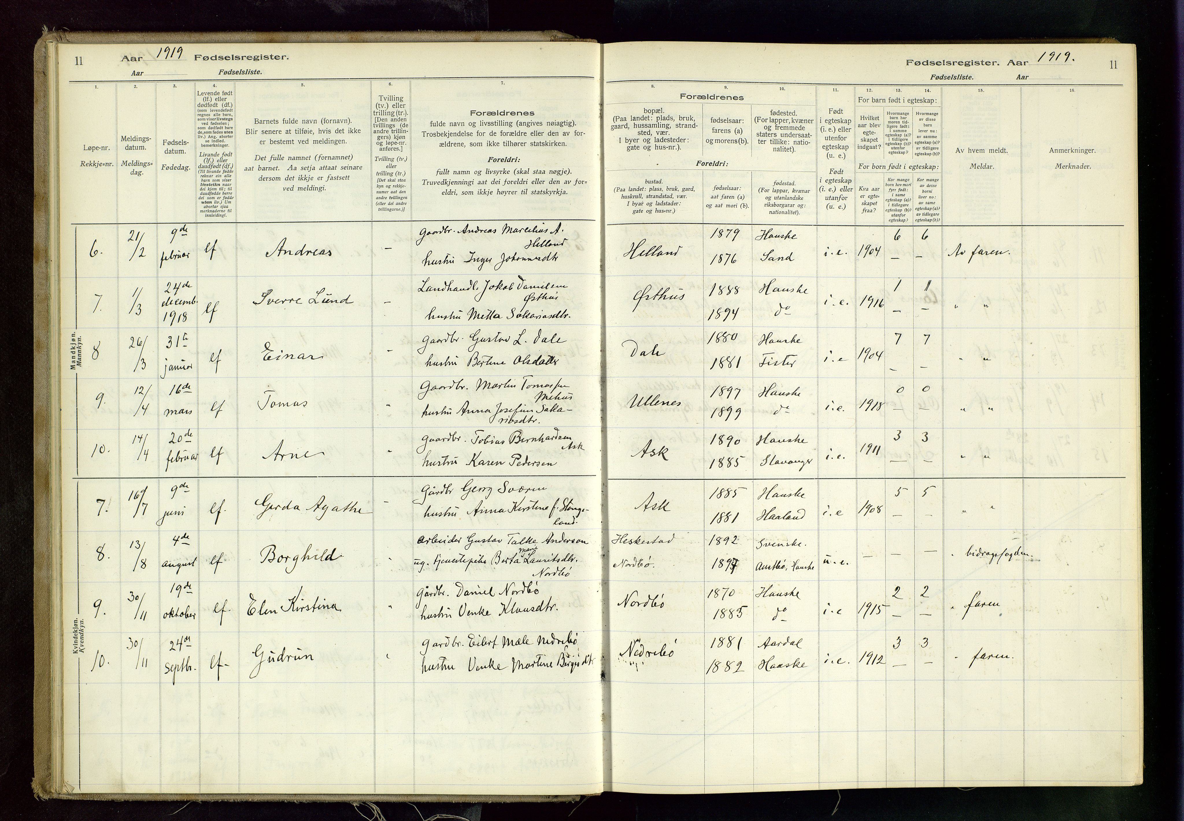 Rennesøy sokneprestkontor, AV/SAST-A -101827/I/Id/L0001: Fødselsregister nr. 1, 1916-1982, s. 11