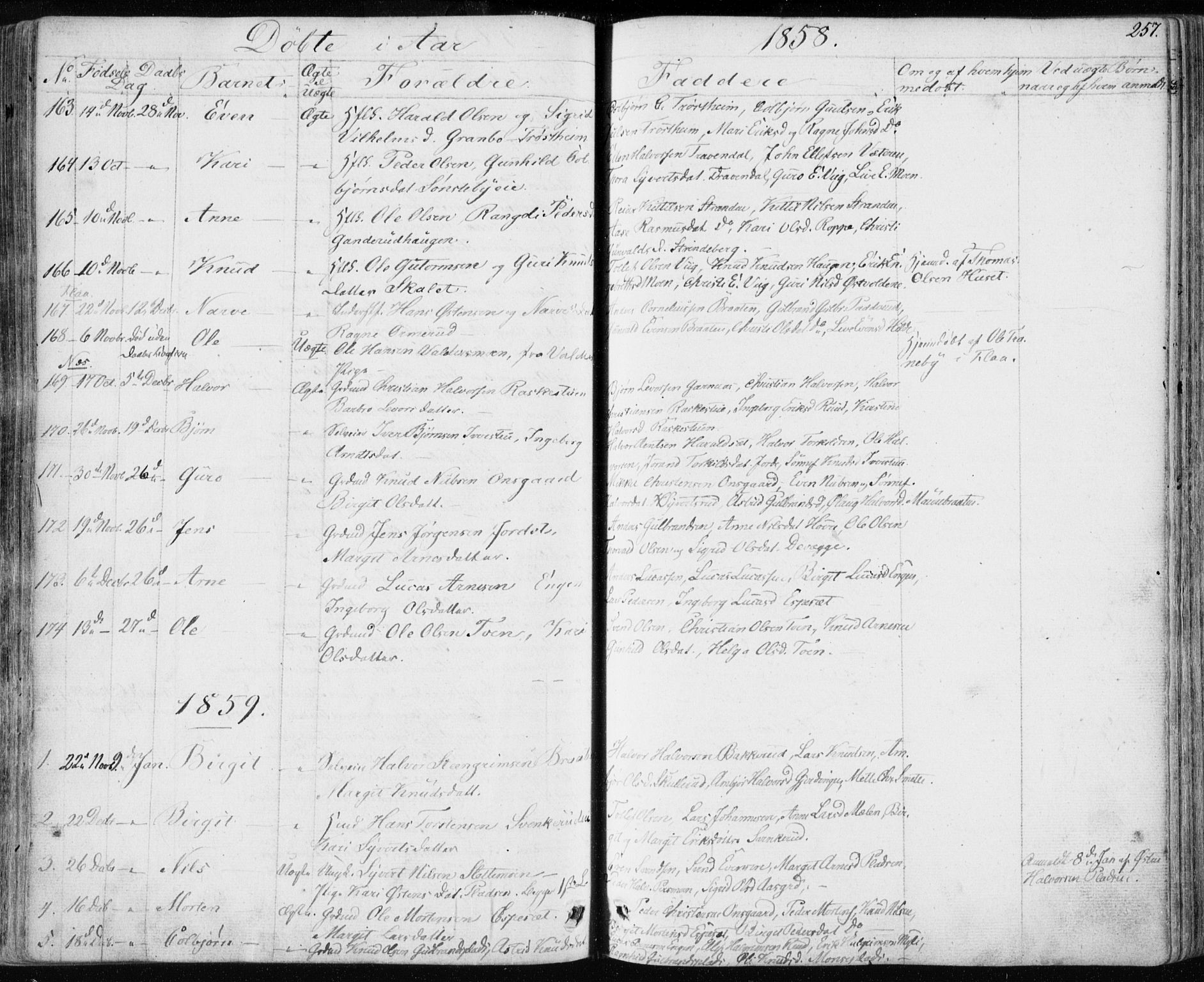 Nes kirkebøker, AV/SAKO-A-236/F/Fa/L0009: Ministerialbok nr. 9, 1834-1863, s. 257
